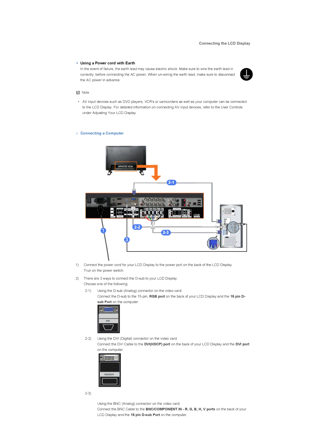 Samsung LS46BPTNB/EDC, LS46BPTNS/XSJ, LS46BPTNSF/XSJ, LS46BPTNS/EDC manual Connecting the LCD Display, Connecting a Computer 