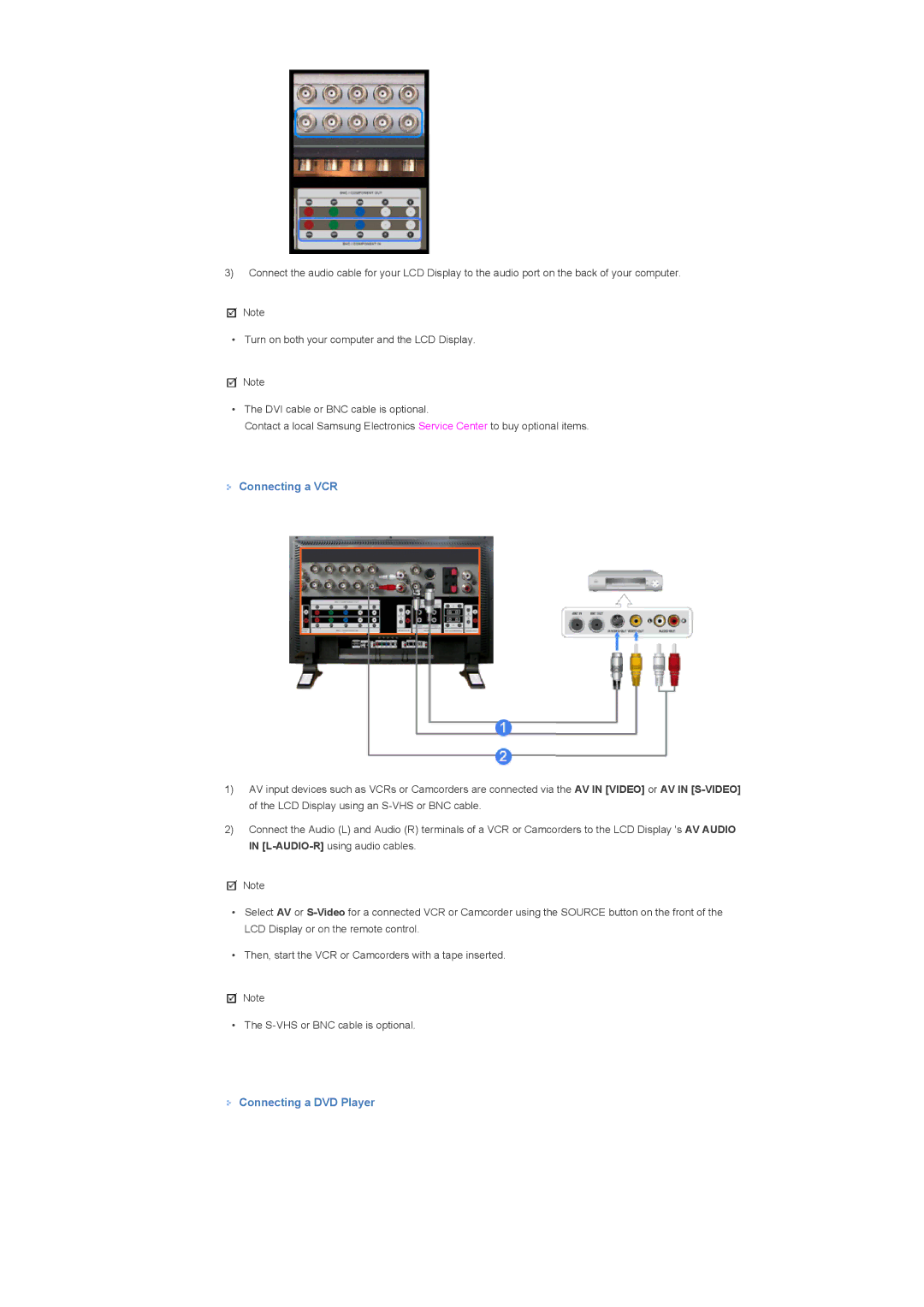 Samsung LS46BPTNS/XSJ, LS46BPTNSF/XSJ, LS46BPTNS/EDC, LS46BPTNB/EDC manual Connecting a VCR, Connecting a DVD Player 