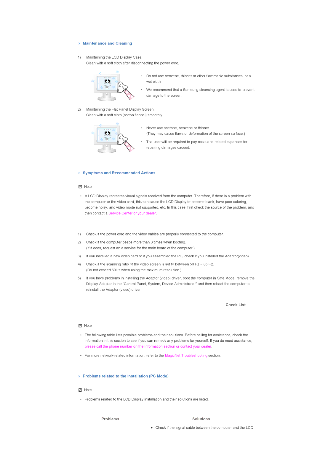 Samsung LS46BPTNSF/XSJ, LS46BPTNS/XSJ Maintenance and Cleaning, Symptoms and Recommended Actions, Check List, Problems 