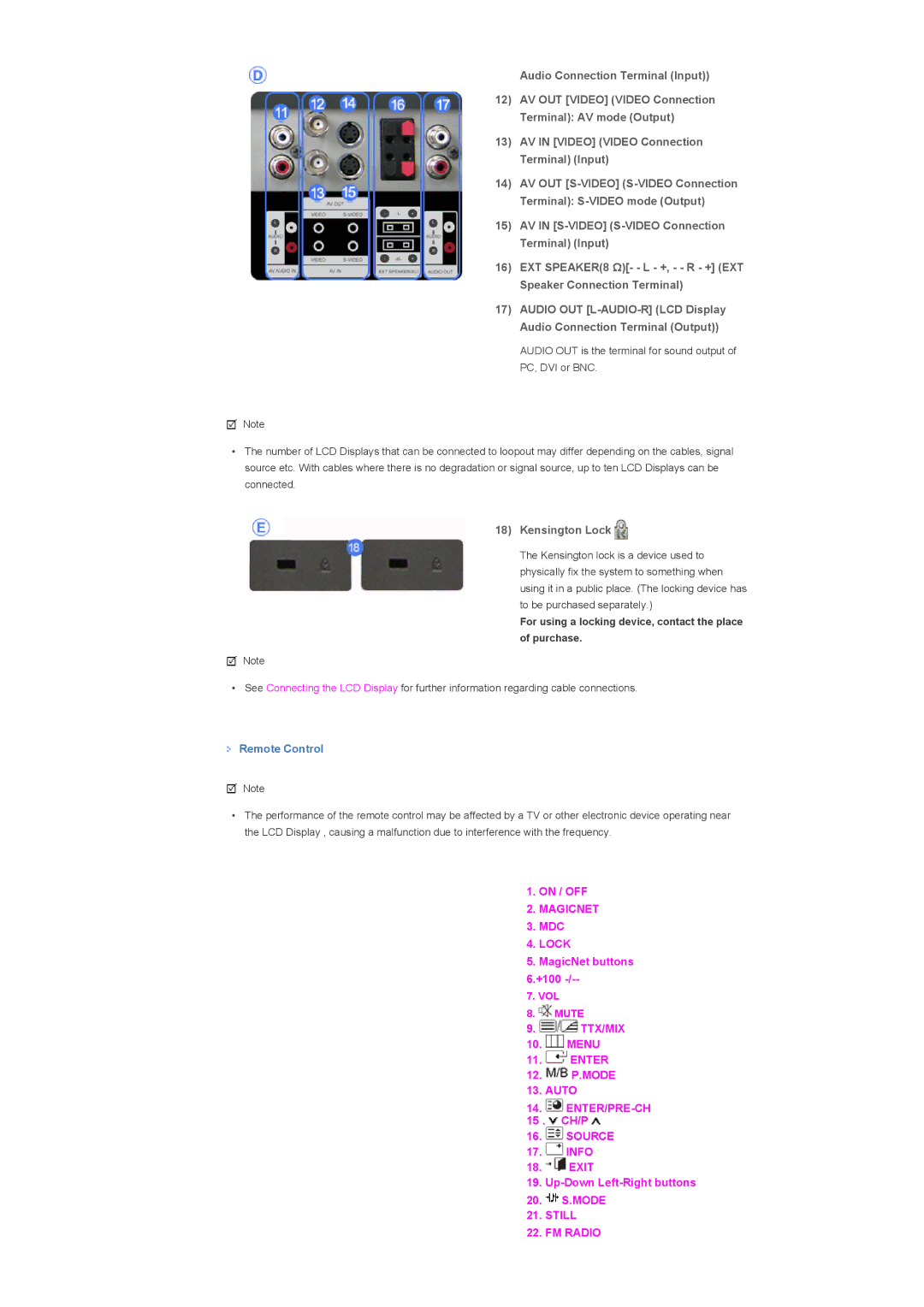 Samsung LS57BPHNB/EDC, LS57BPHNS/EDC, LS57BPPNS/EDC, LS57BPHNBF/EDC, LS57BPPNBF/EDC manual Kensington Lock, Remote Control 