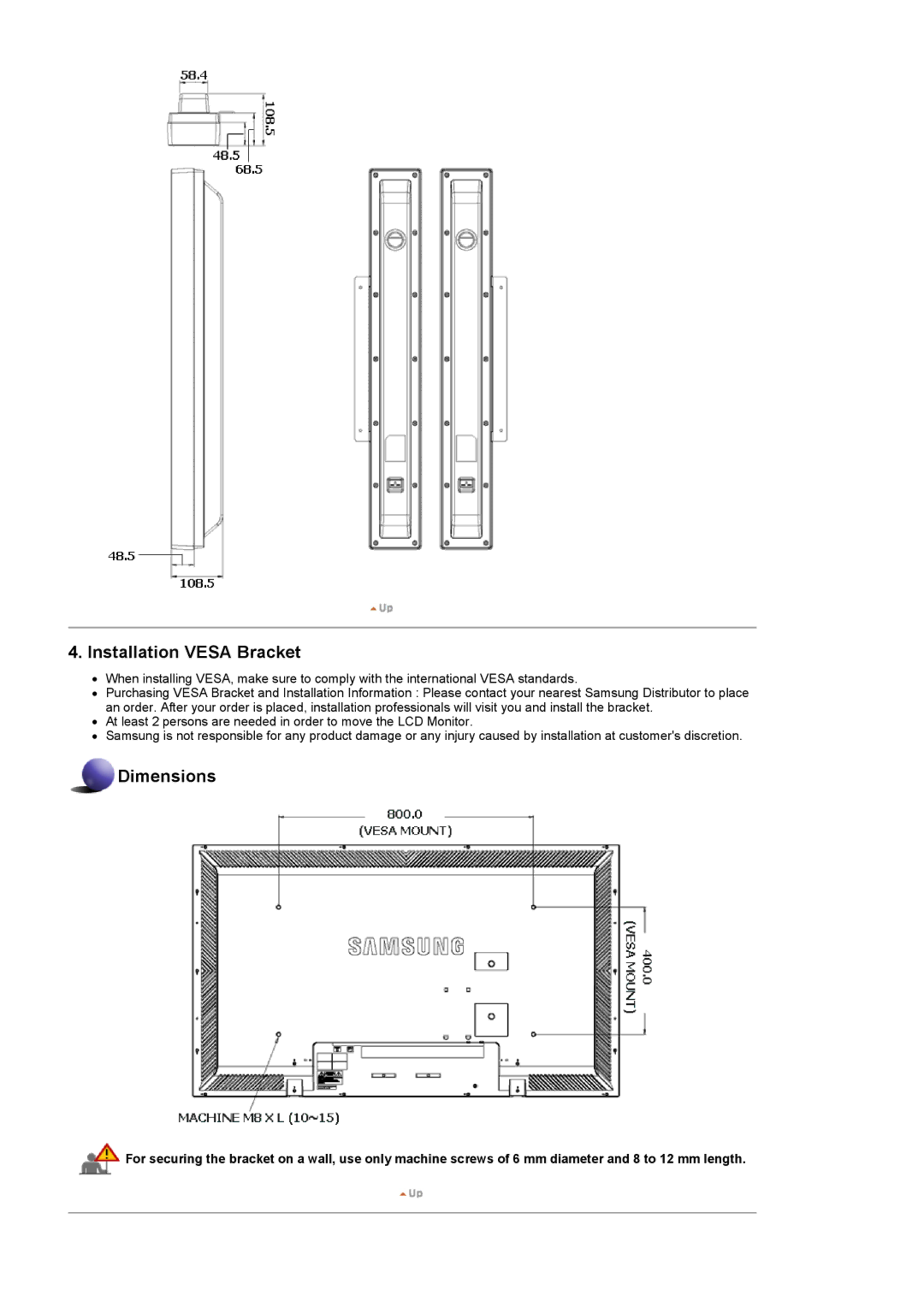 Samsung LS57BPHNB/EDC, LS57BPHNS/EDC, LS57BPPNS/EDC, LS57BPHNBF/EDC, LS57BPPNBF/EDC manual Installation Vesa Bracket 