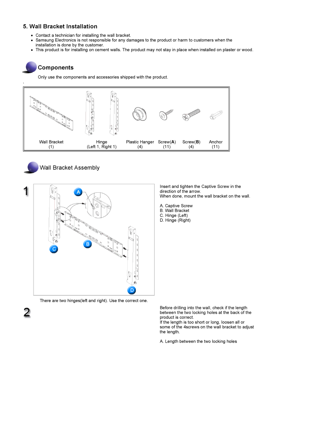 Samsung LS57BPHNS/EDC, LS57BPHNB/EDC, LS57BPPNS/EDC, LS57BPHNBF/EDC, LS57BPPNBF/EDC manual Wall Bracket Installation 