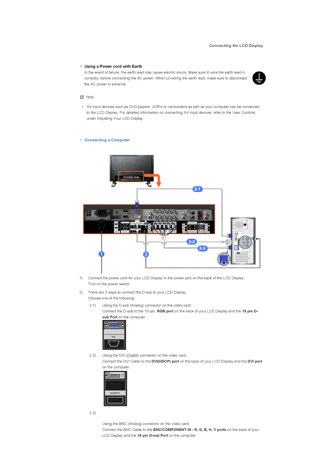 Samsung LS57BPHNB/EDC, LS57BPHNS/EDC, LS57BPPNS/EDC, LS57BPHNBF/EDC manual Connecting the LCD Display, Connecting a Computer 