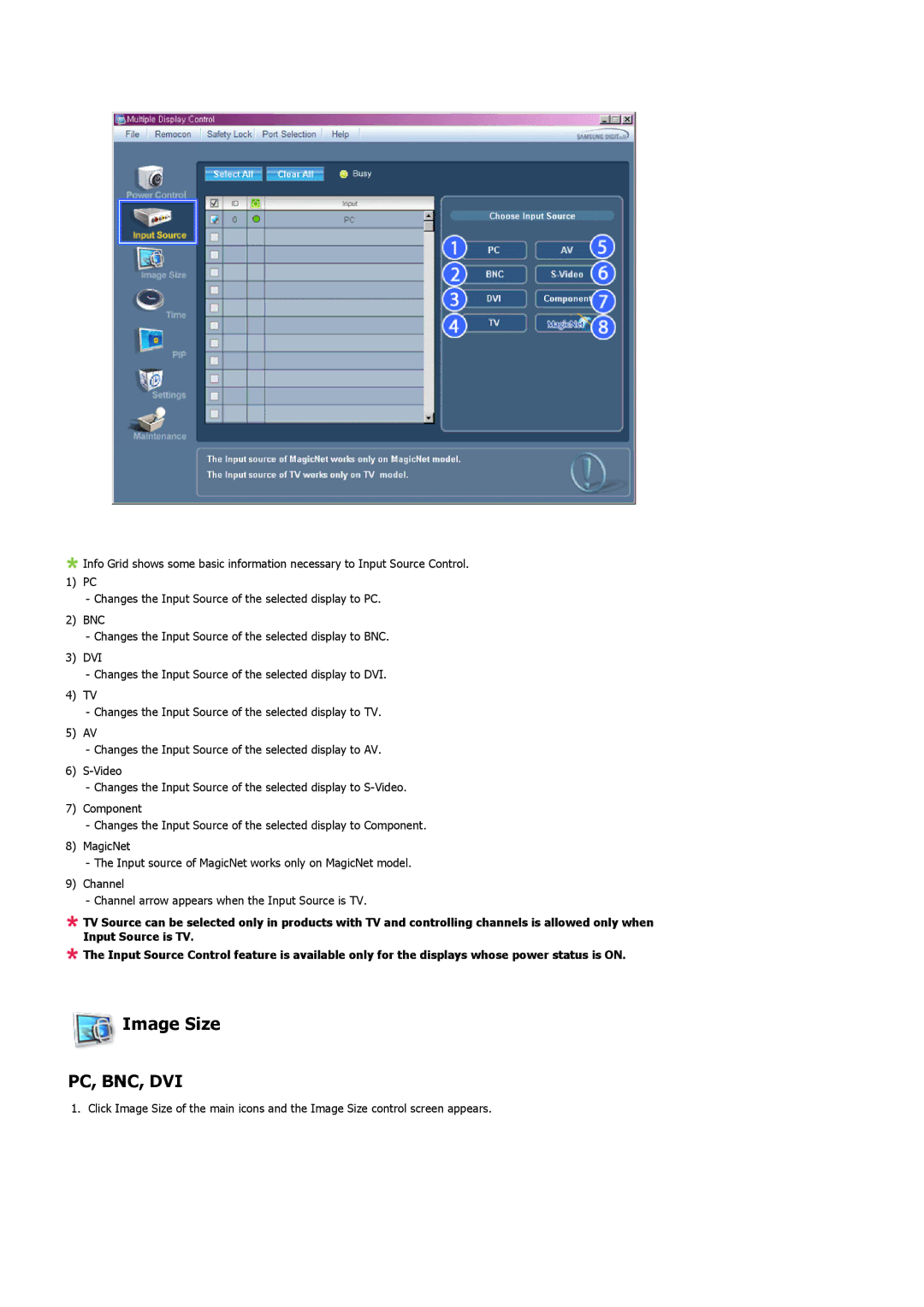 Samsung LS57BPHNS/EDC, LS57BPHNB/EDC, LS57BPPNS/EDC, LS57BPHNBF/EDC, LS57BPPNBF/EDC manual Image Size, Pc, Bnc, Dvi 