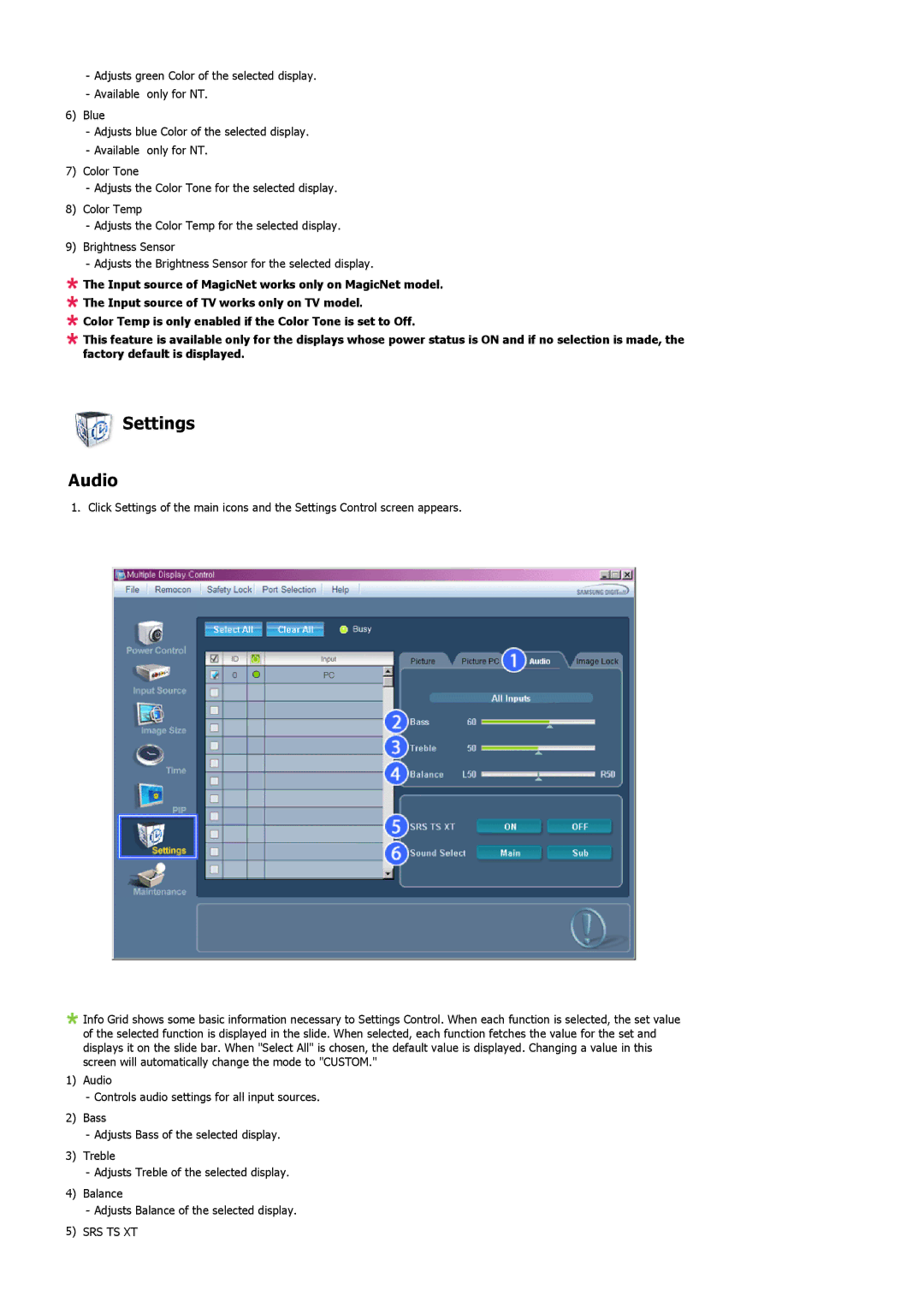 Samsung LS57BPPNBF/EDC, LS57BPHNB/EDC, LS57BPHNS/EDC, LS57BPPNS/EDC, LS57BPHNBF/EDC manual Settings Audio, Srs Ts Xt 