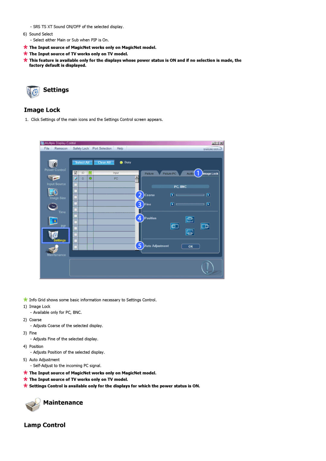 Samsung LS57BPHNB/EDC, LS57BPHNS/EDC, LS57BPPNS/EDC, LS57BPHNBF/EDC manual Settings Image Lock, Maintenance Lamp Control 