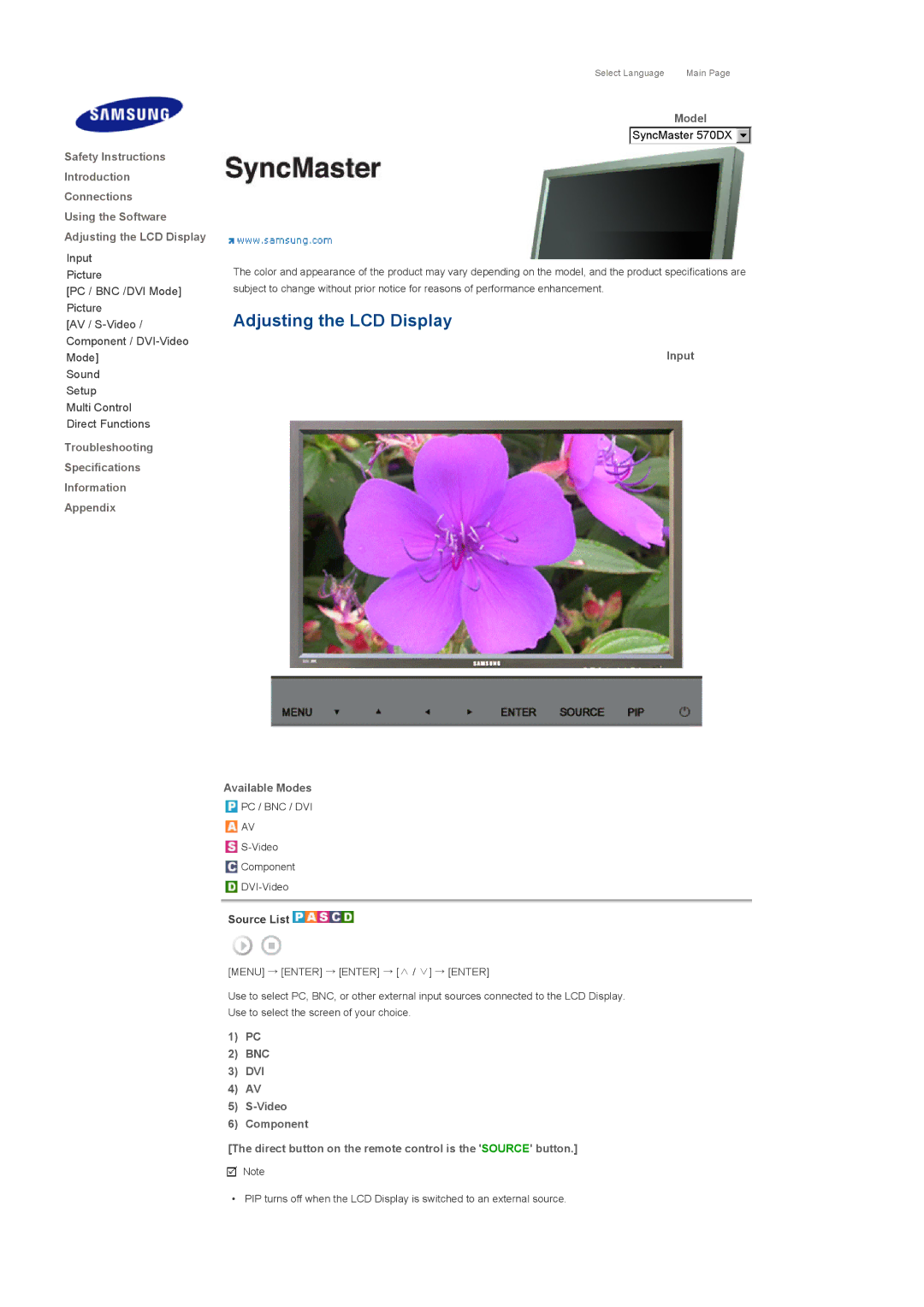 Samsung LS57BPHNB/EDC manual Adjusting the LCD Display, Troubleshooting Specifications Information Appendix, Source List 