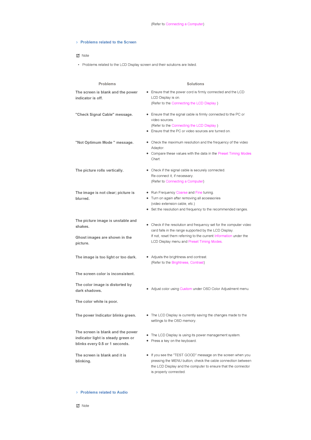 Samsung LS57BPHNBF/EDC, LS57BPHNB/EDC manual Problems related to the Screen, Screen is blank and it is blinking, Solutions 