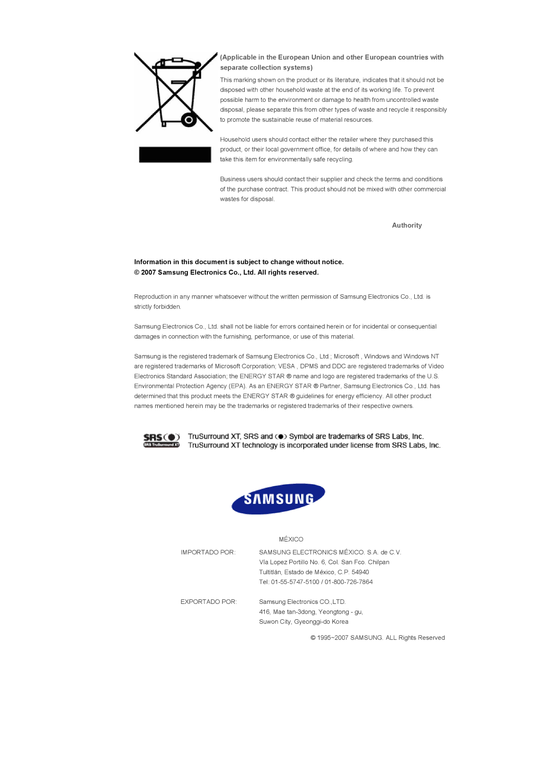 Samsung LS57BPHNB/EDC, LS57BPHNS/EDC, LS57BPPNS/EDC, LS57BPHNBF/EDC, LS57BPPNBF/EDC manual Authority, Importado POR 