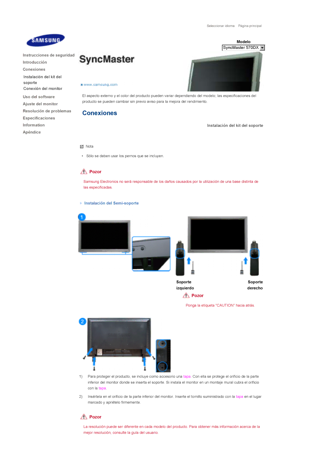 Samsung LS57BPHNB/EDC, LS57BPHNS/EDC, LS57BPPNS/EDC manual Instalación del kit del soporte, Instalación del Semi-soporte 