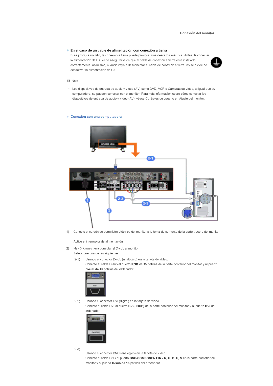 Samsung LS57BPHNS/EDC, LS57BPHNB/EDC, LS57BPPNS/EDC, LS57BPHNBF/EDC manual Conexión del monitor, Conexión con una computadora 