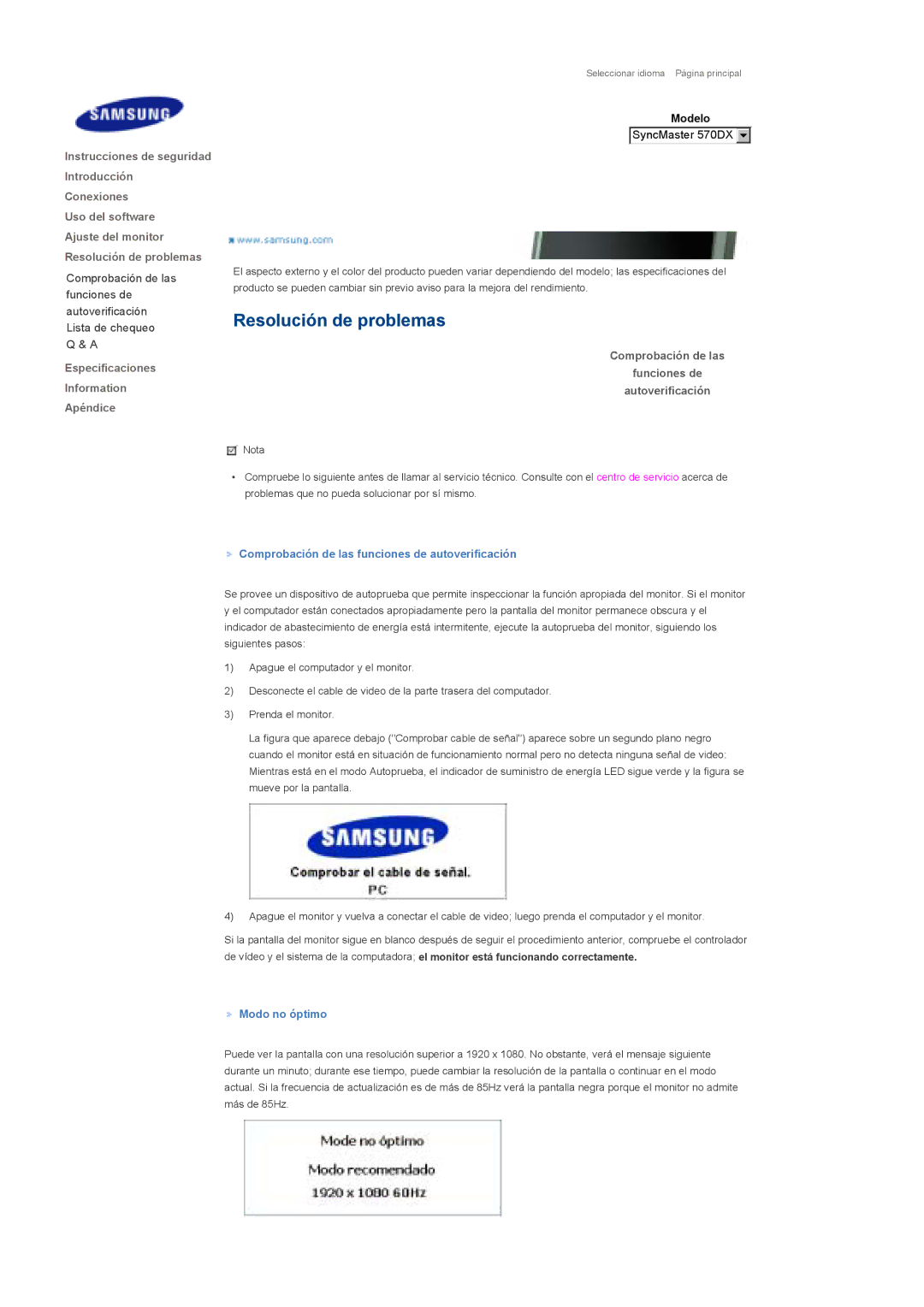 Samsung LS57BPHNBF/EDC, LS57BPHNB/EDC, LS57BPHNS/EDC manual Comprobación de las Funciones de Autoverificación, Modo no óptimo 