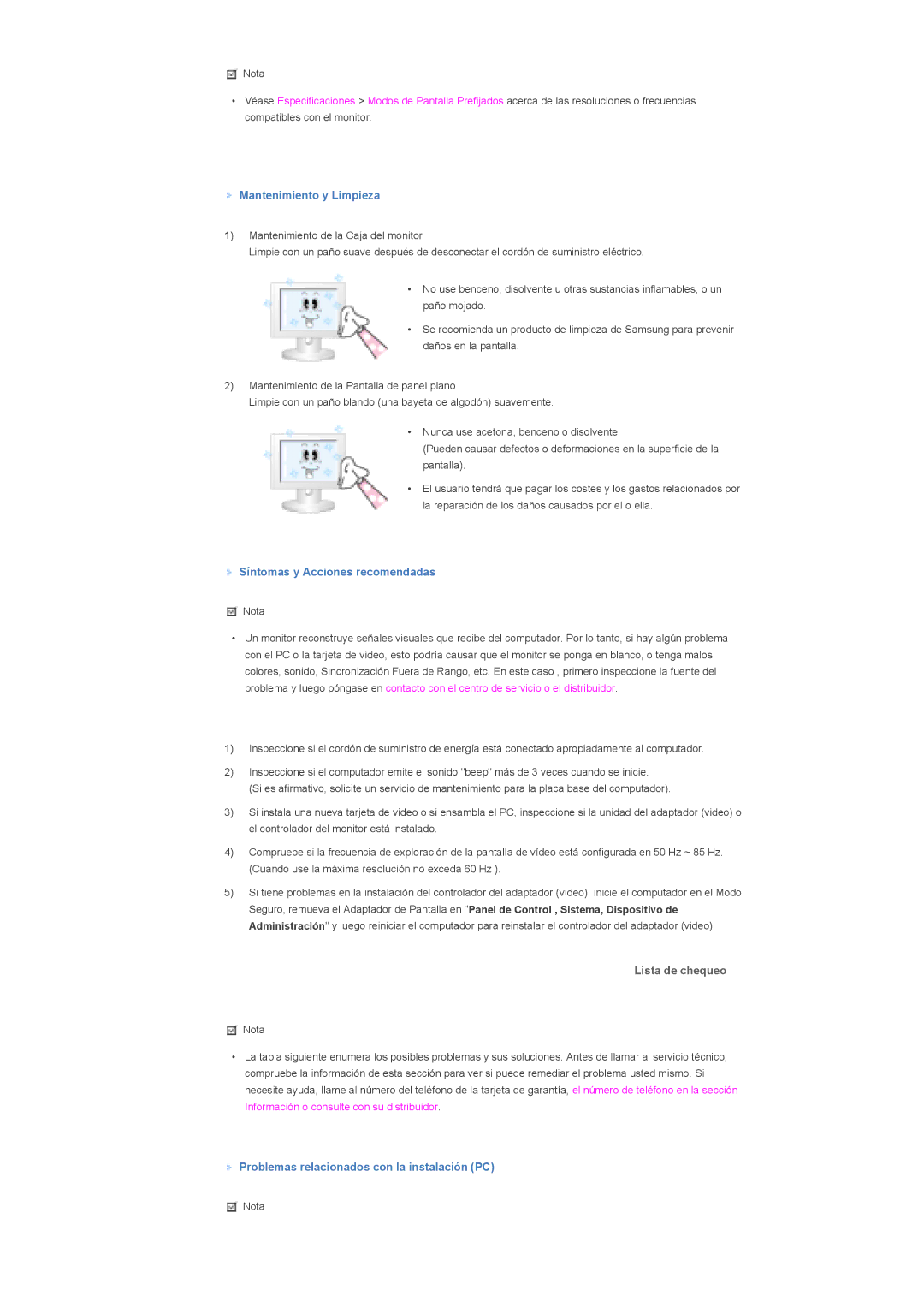 Samsung LS57BPPNBF/EDC, LS57BPHNB/EDC manual Mantenimiento y Limpieza, Síntomas y Acciones recomendadas, Lista de chequeo 