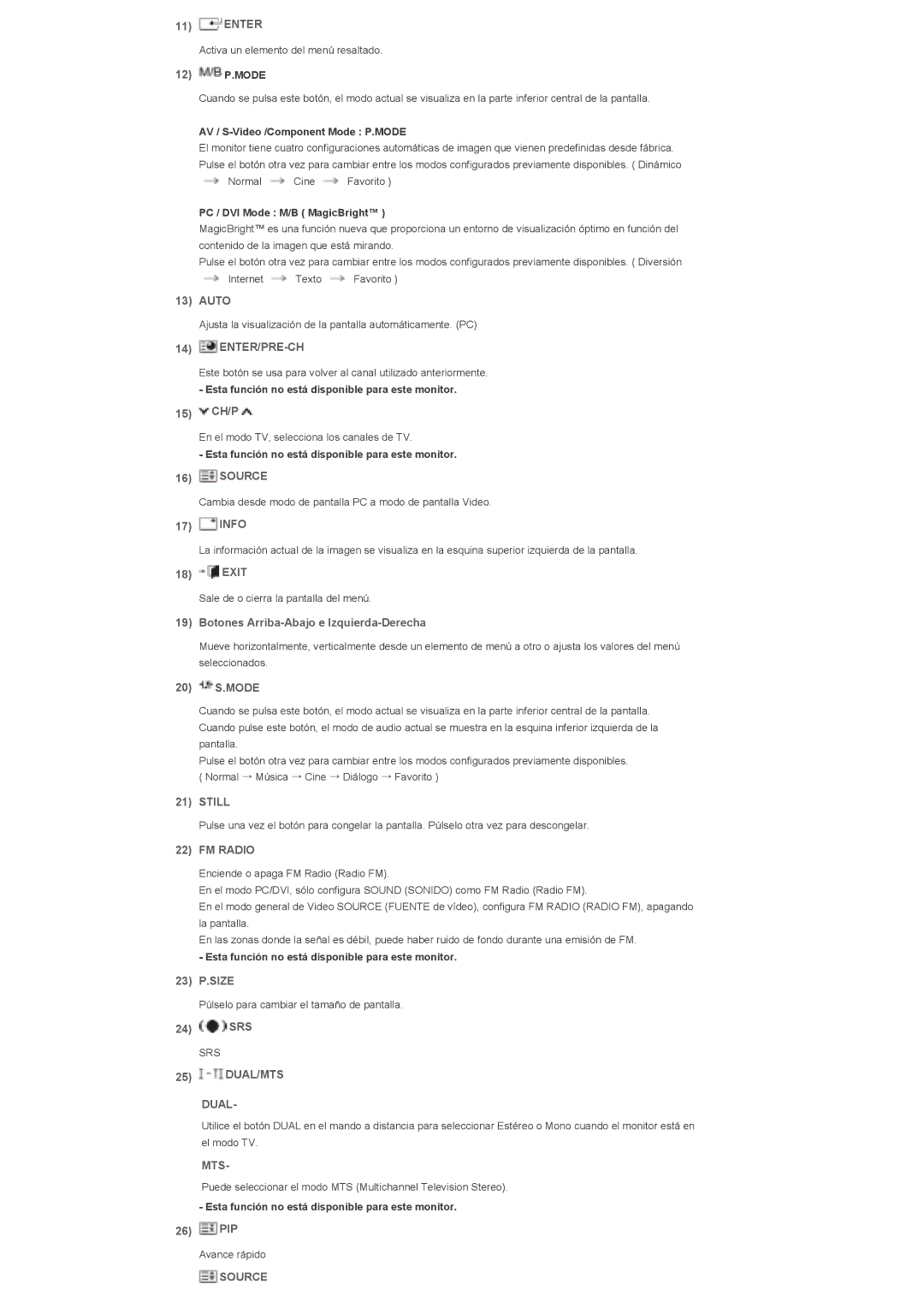 Samsung LS57BPHNBF/EDC, LS57BPHNB/EDC, LS57BPHNS/EDC, LS57BPPNS/EDC manual Enter/Pre-Ch, Still, FM Radio, DUAL/MTS Dual, Mts 