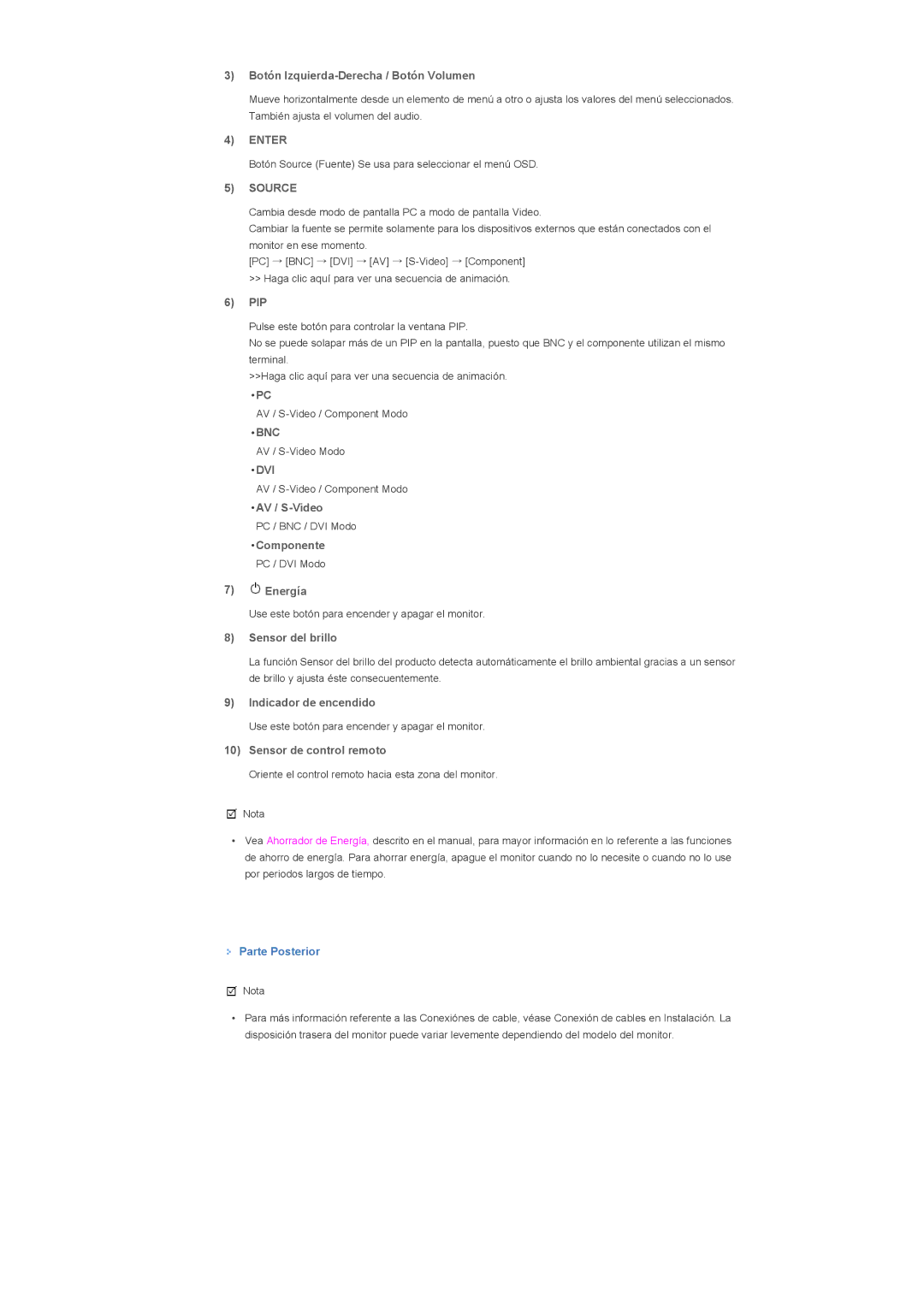 Samsung LS57BPHNBF/EDC manual Botón Izquierda-Derecha / Botón Volumen, Pip, AV / S-Video, Componente PC / DVI Modo Energía 