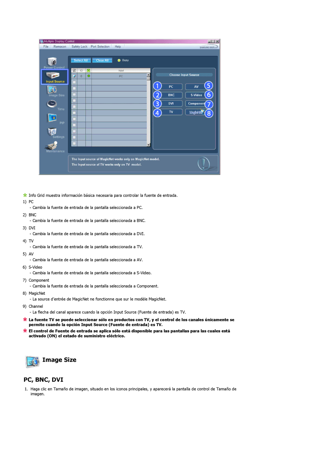 Samsung LS57BPHNS/EDC, LS57BPHNB/EDC, LS57BPPNS/EDC, LS57BPHNBF/EDC, LS57BPPNBF/EDC manual Image Size, Pc, Bnc, Dvi 