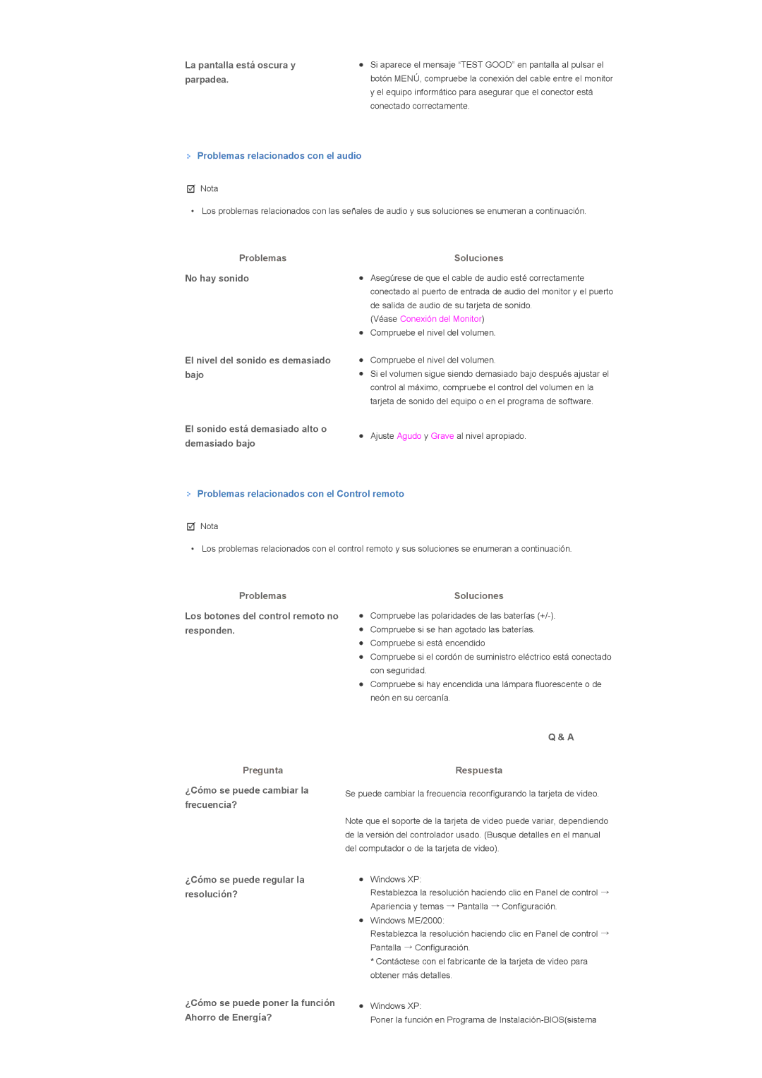 Samsung LS57BPPNBF/EDC, LS57BPHNB/EDC manual La pantalla está oscura y parpadea, Problemas relacionados con el audio 