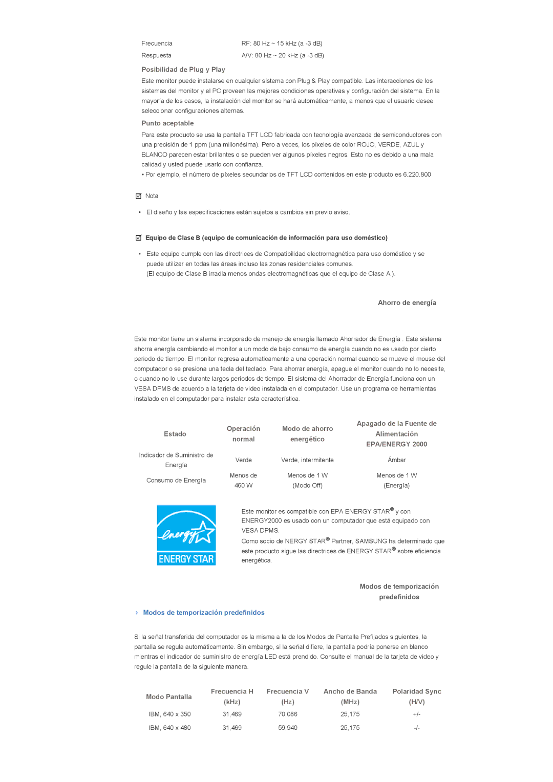 Samsung LS57BPPNS/EDC manual Ahorro de energía, Modos de temporización Predefinidos, Modos de temporización predefinidos 