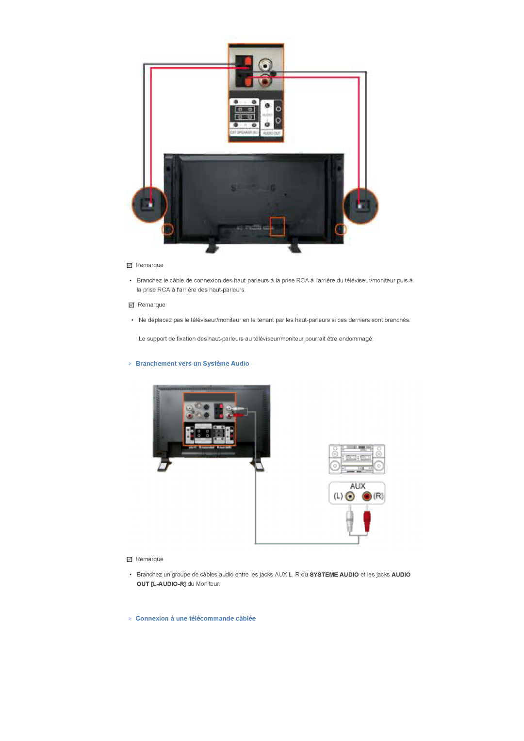 Samsung LS57BPPNS/EDC, LS57BPHNB/EDC, LS57BPHNS/EDC Branchement vers un Système Audio, Connexion à une télécommande câblée 