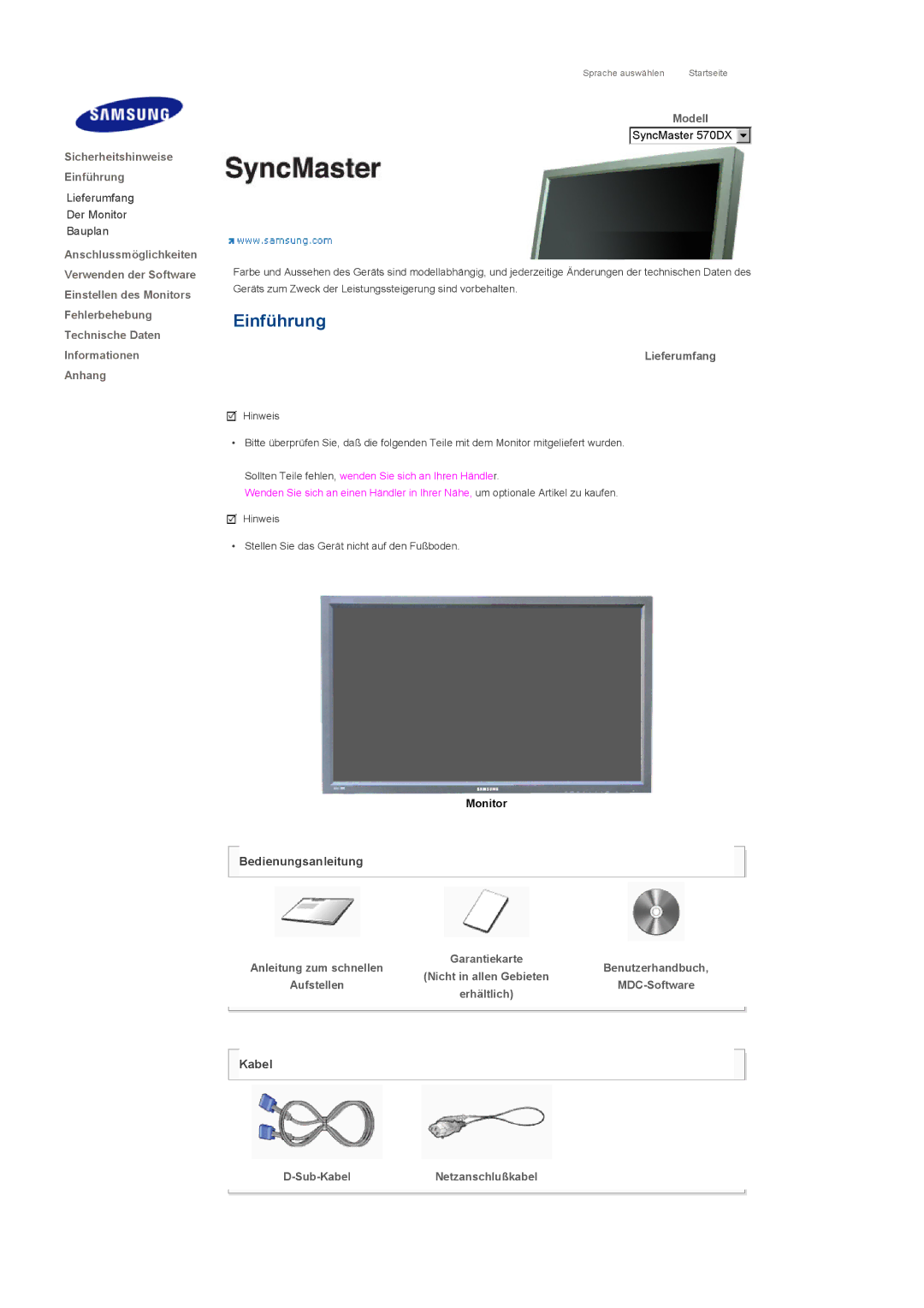 Samsung LS57BPHNS/EDC, LS57BPHNB/EDC, LS57BPPNS/EDC manual Lieferumfang, Bedienungsanleitung, Sub-KabelNetzanschlußkabel 