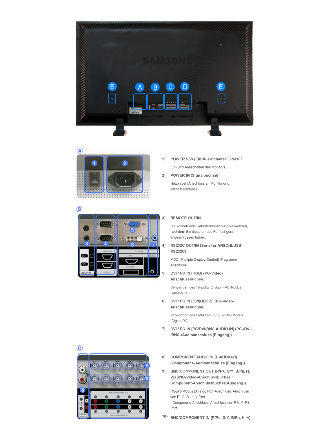 Samsung LS57BPHNS/EDC, LS57BPHNB/EDC, LS57BPPNS/EDC manual Power in Signalbuchse, RS232C OUT/IN Serieller Anschluss RS232C 