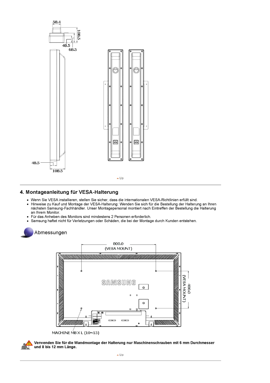 Samsung LS57BPHNS/EDC, LS57BPHNB/EDC, LS57BPPNS/EDC manual Montageanleitung für VESA-Halterung 