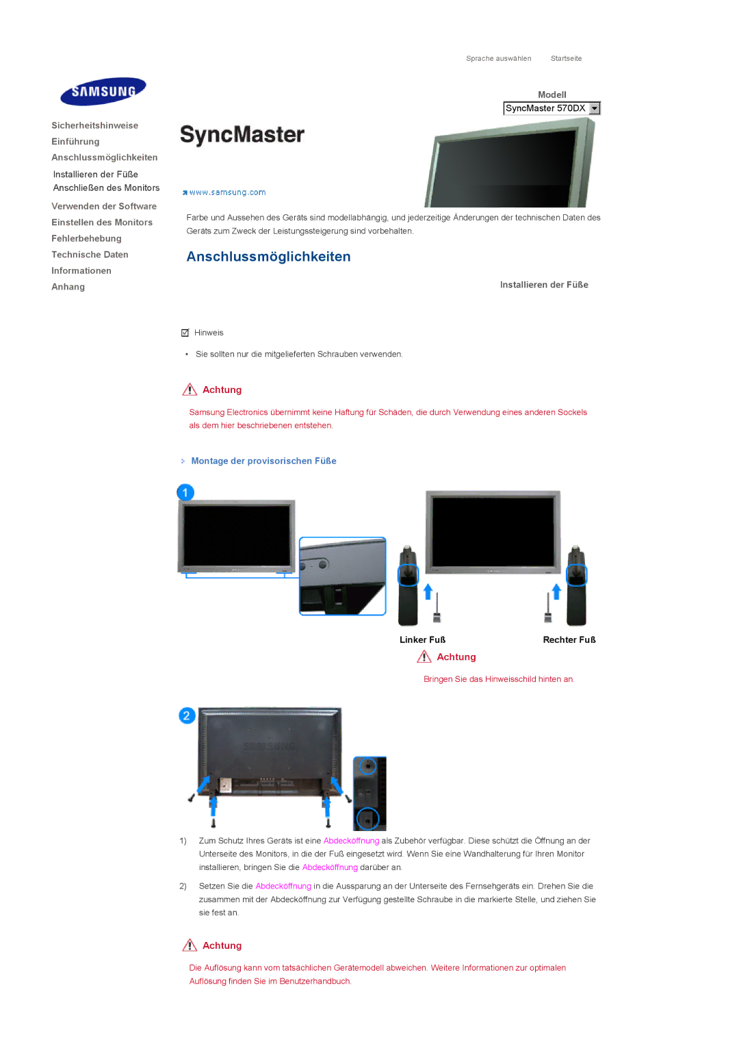 Samsung LS57BPPNS/EDC, LS57BPHNB/EDC, LS57BPHNS/EDC manual Installieren der Füße, Montage der provisorischen Füße 