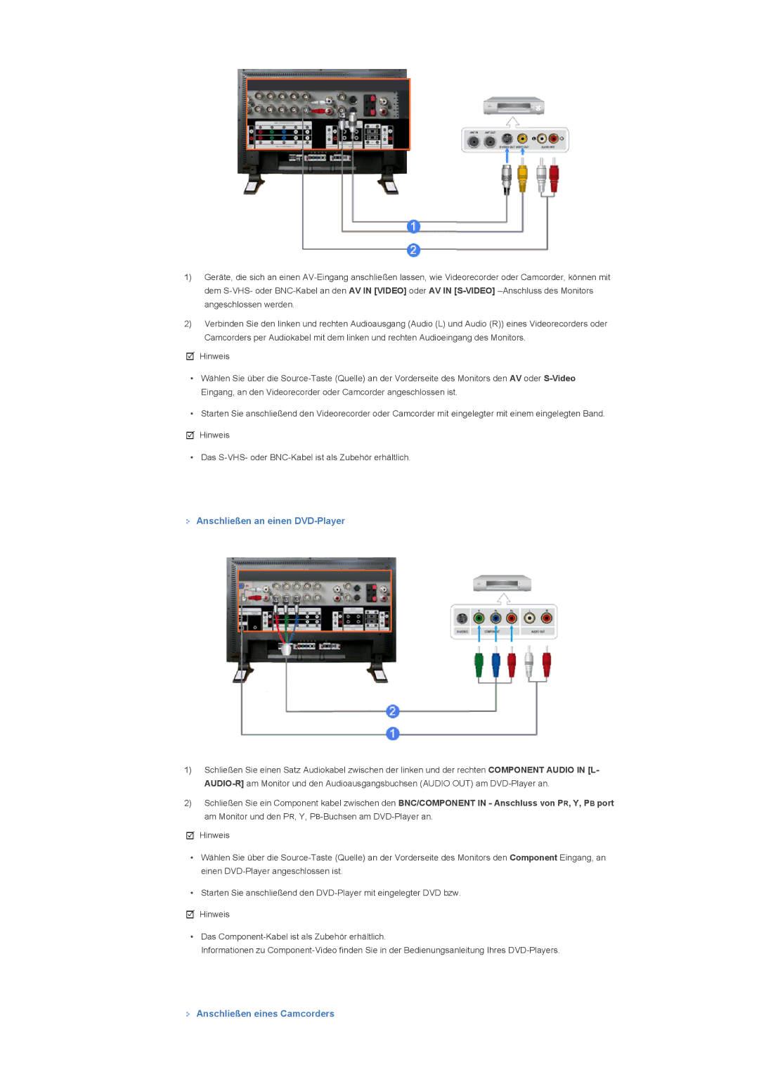 Samsung LS57BPPNS/EDC, LS57BPHNB/EDC, LS57BPHNS/EDC manual Anschließen an einen DVD-Player, Anschließen eines Camcorders 