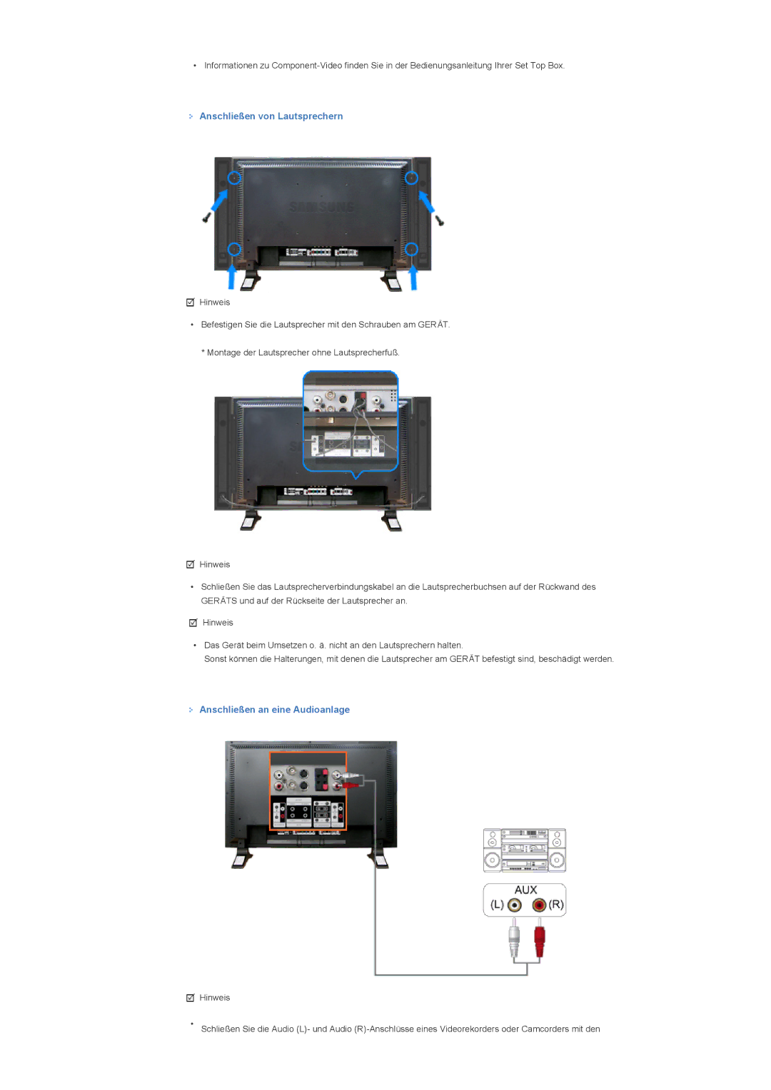 Samsung LS57BPHNS/EDC, LS57BPHNB/EDC, LS57BPPNS/EDC manual Anschließen von Lautsprechern, Anschließen an eine Audioanlage 