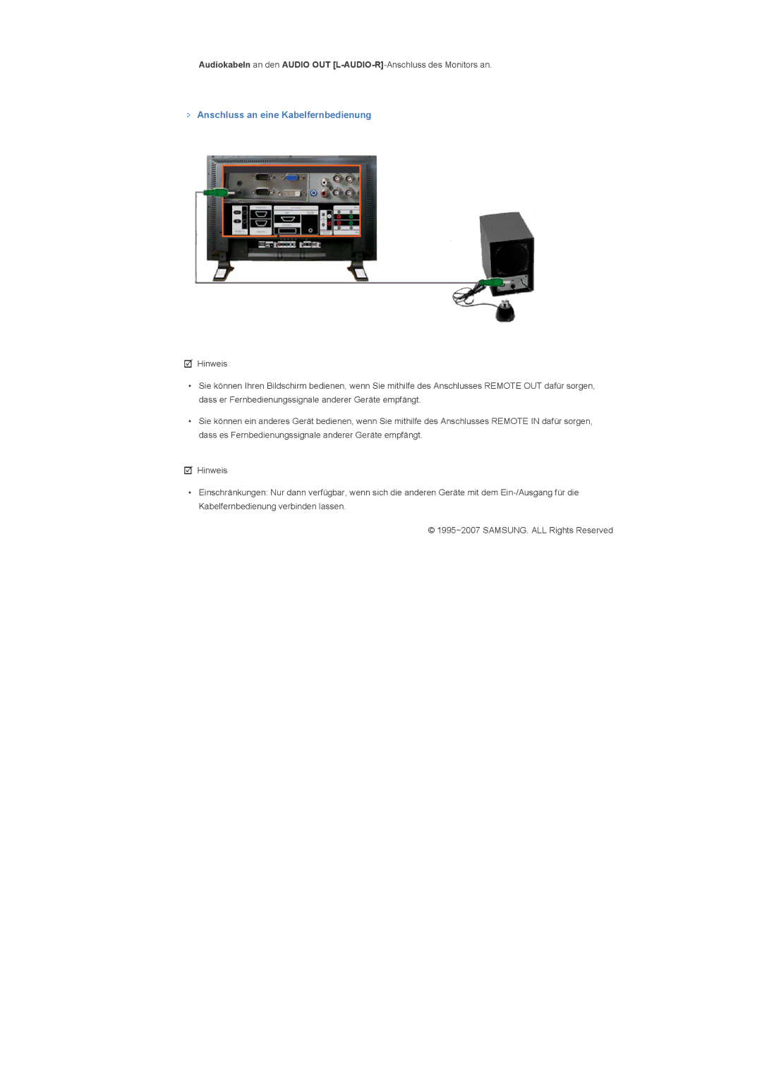 Samsung LS57BPPNS/EDC, LS57BPHNB/EDC, LS57BPHNS/EDC manual Anschluss an eine Kabelfernbedienung 