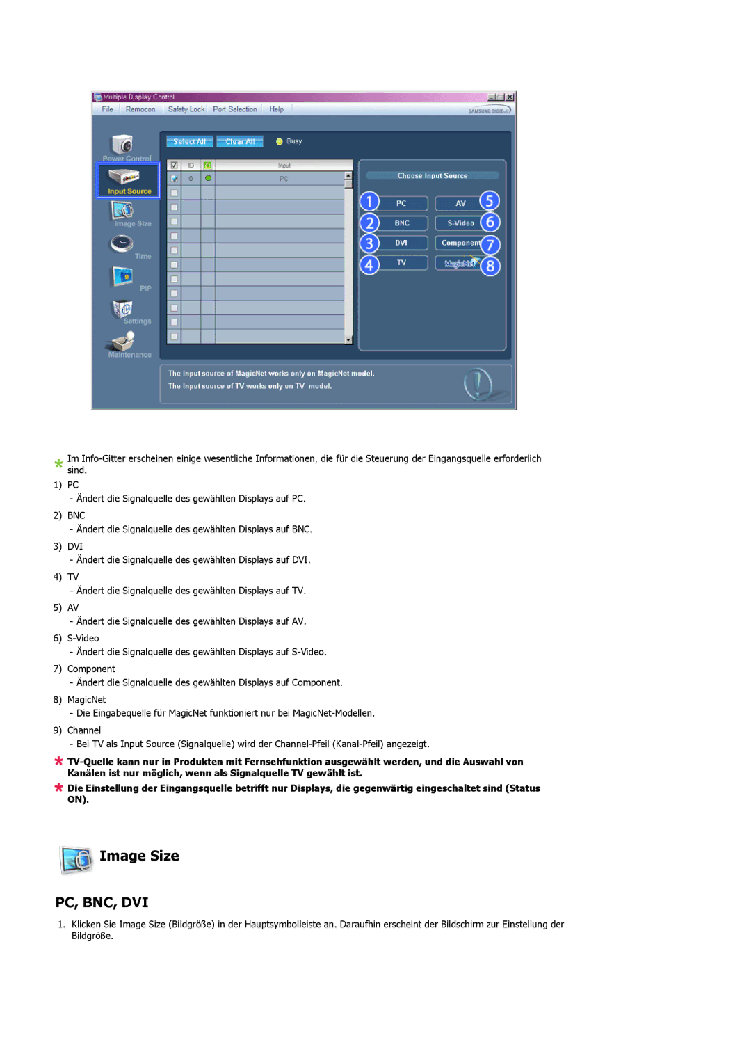 Samsung LS57BPPNS/EDC, LS57BPHNB/EDC, LS57BPHNS/EDC manual Image Size, Pc, Bnc, Dvi 