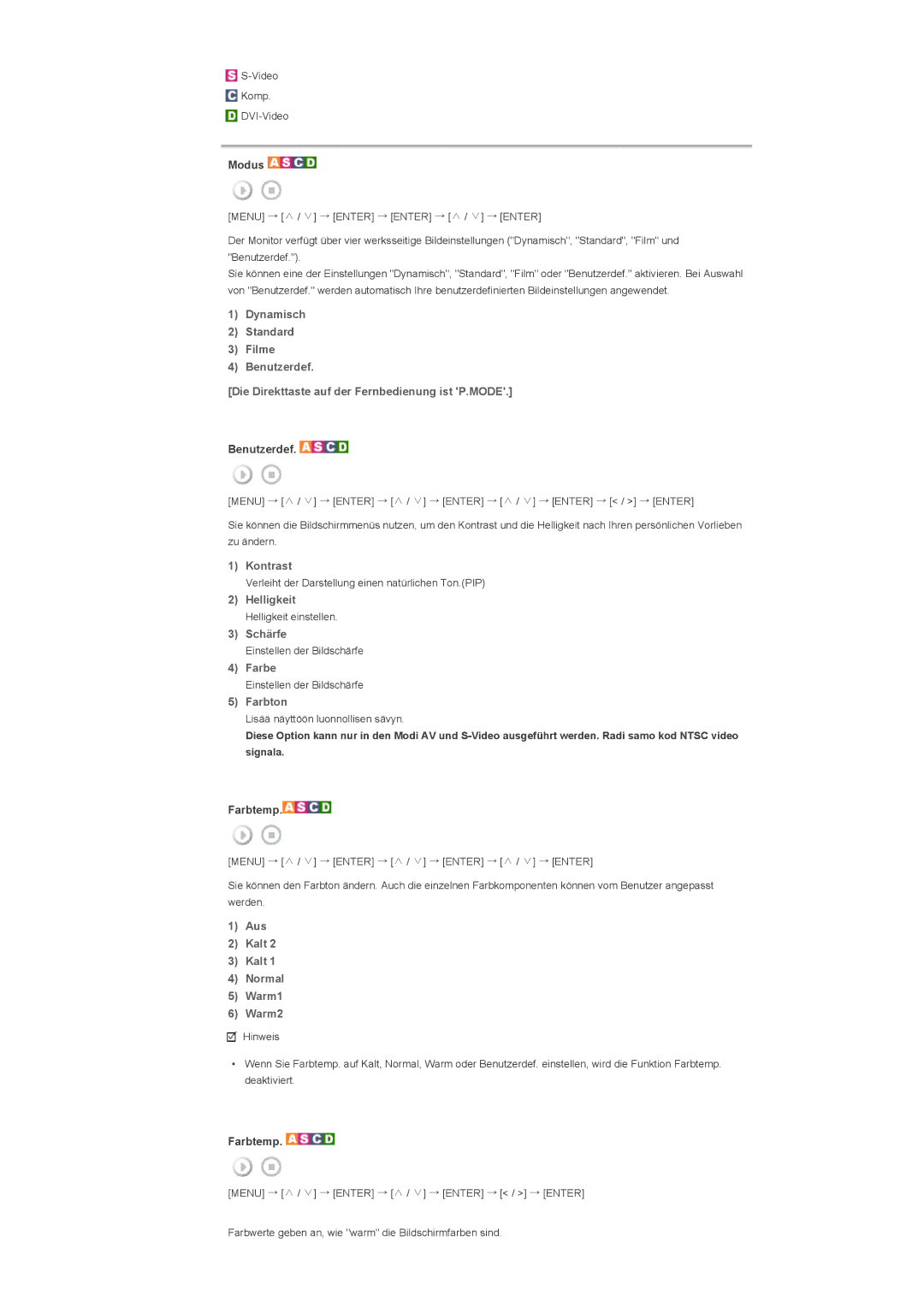 Samsung LS57BPHNS/EDC, LS57BPHNB/EDC, LS57BPPNS/EDC manual Modus, Aus Kalt Normal Warm1 Warm2 