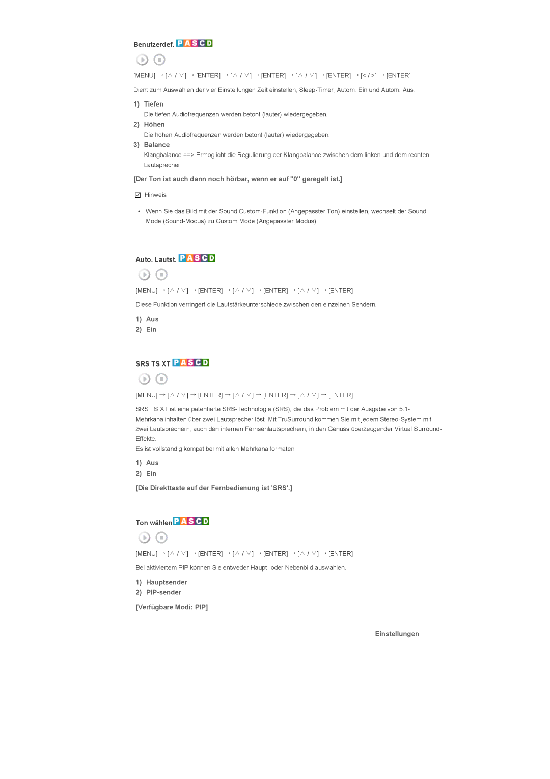 Samsung LS57BPHNS/EDC, LS57BPHNB/EDC manual Tiefen, Höhen, Balance, Aus Ein Die Direkttaste auf der Fernbedienung ist SRS 