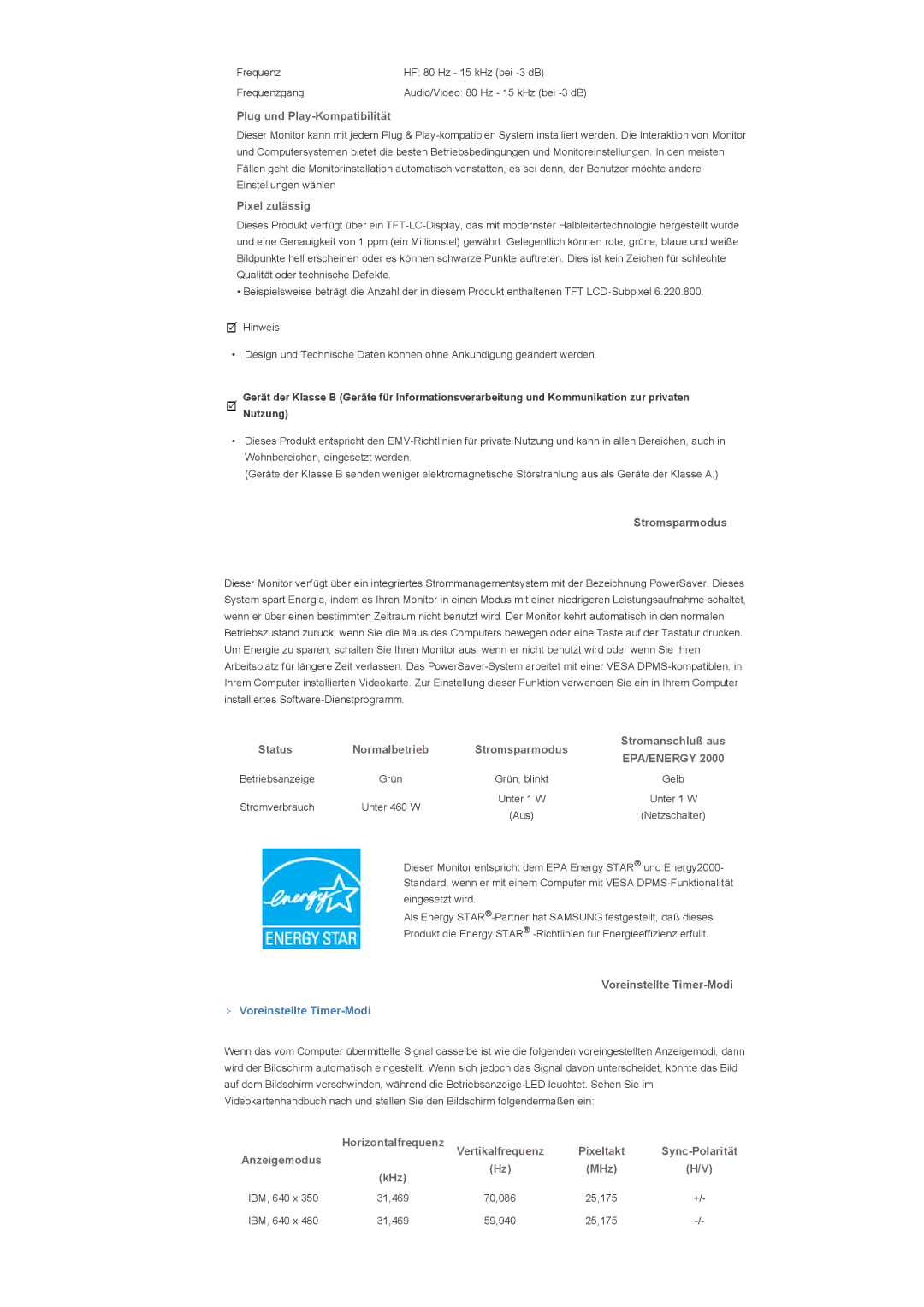 Samsung LS57BPPNS/EDC, LS57BPHNB/EDC, LS57BPHNS/EDC manual Stromsparmodus, Voreinstellte Timer-Modi 