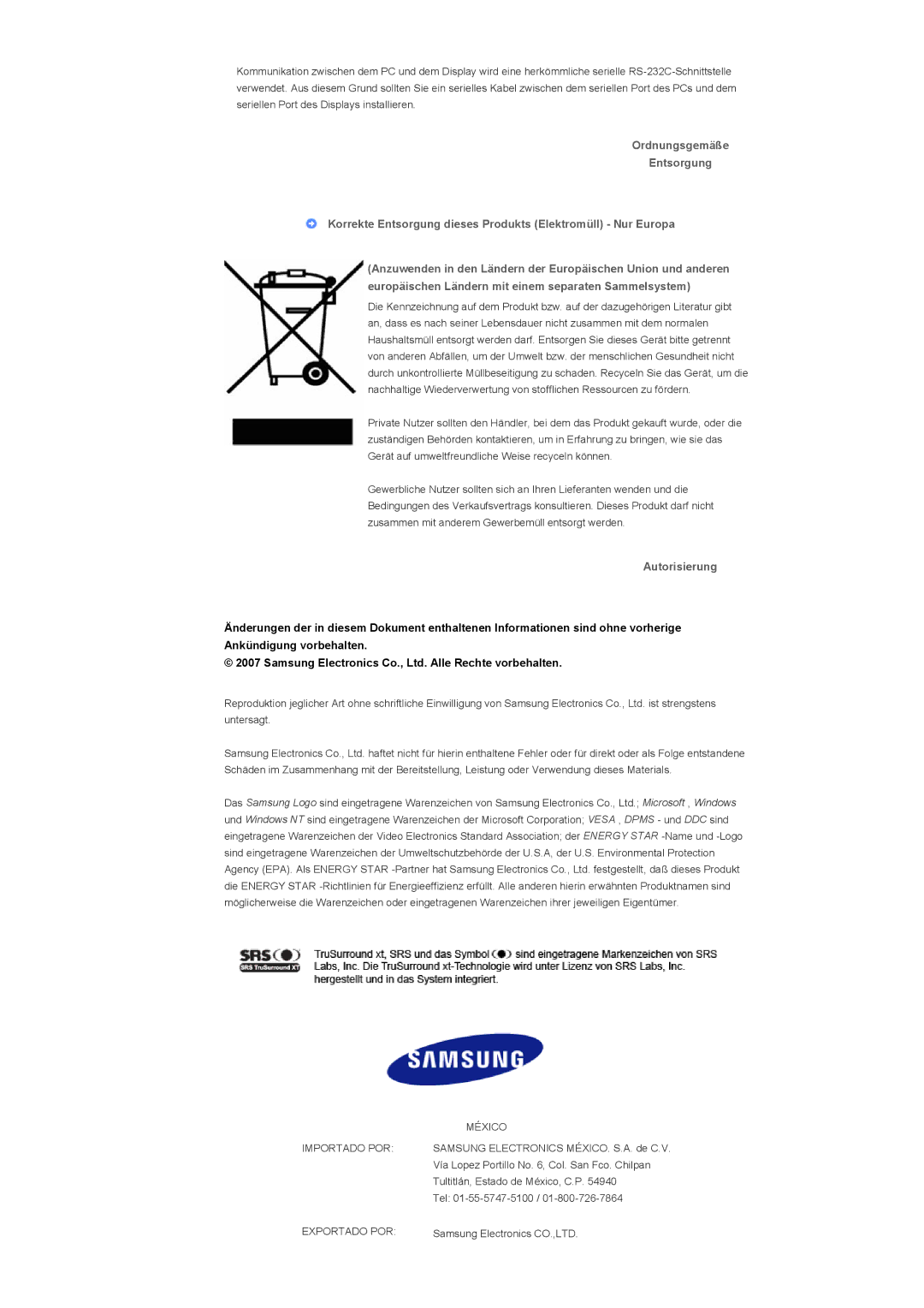 Samsung LS57BPPNS/EDC, LS57BPHNB/EDC, LS57BPHNS/EDC manual Autorisierung, Importado POR 