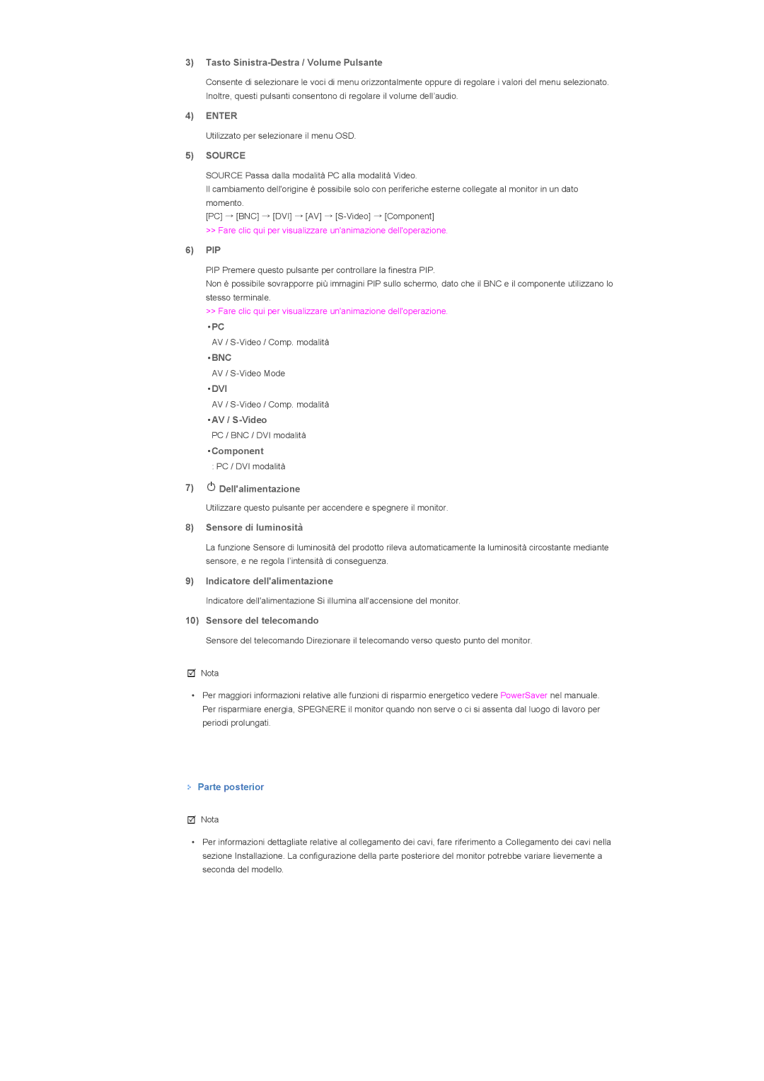 Samsung LS57BPHNS/EDC manual Tasto Sinistra-Destra / Volume Pulsante, Pip, AV / S-Video, Component, Dellalimentazione 