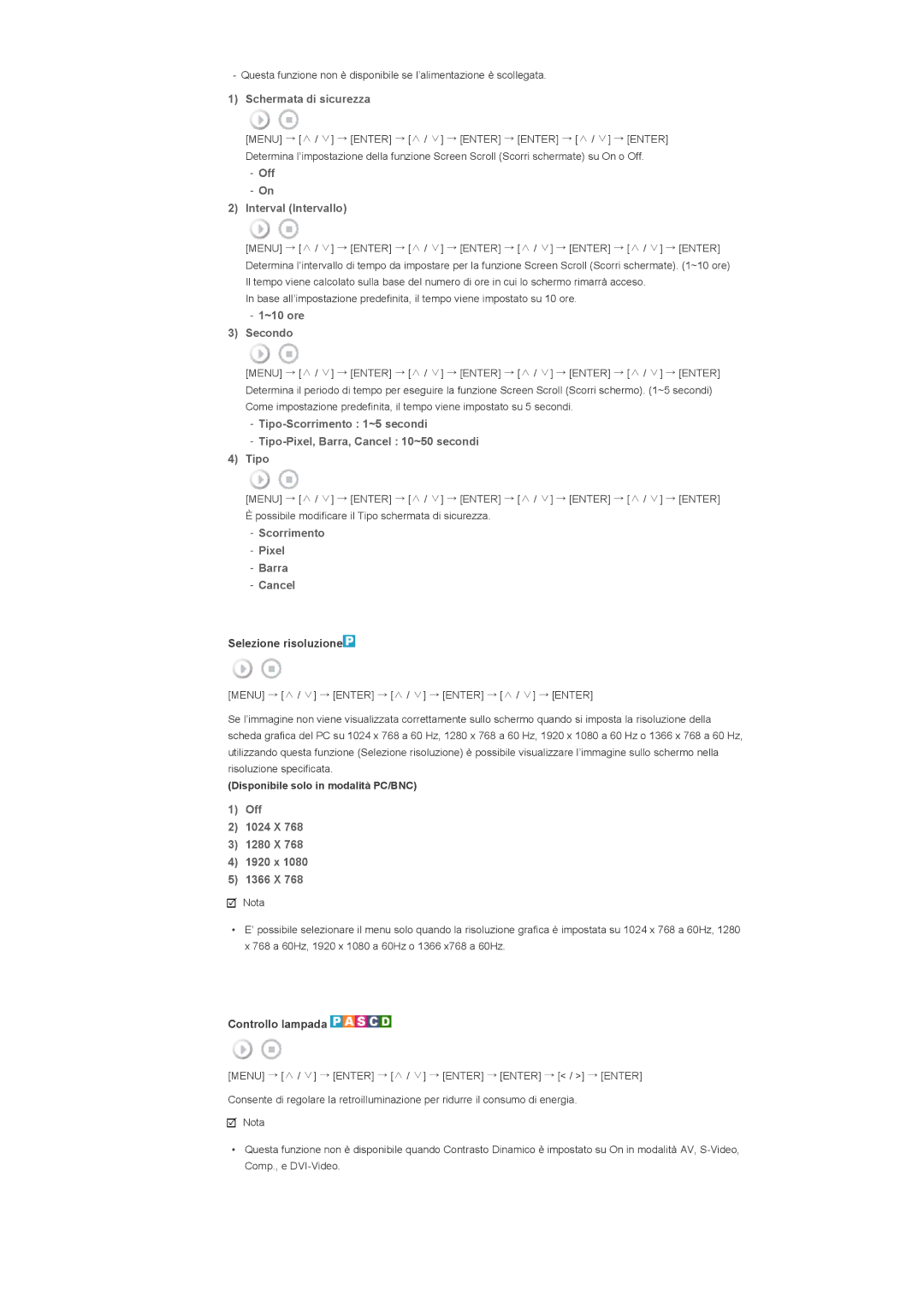 Samsung LS57BPPNS/EDC Schermata di sicurezza, Off Interval Intervallo, ~10 ore Secondo, Scorrimento Pixel Barra Cancel 