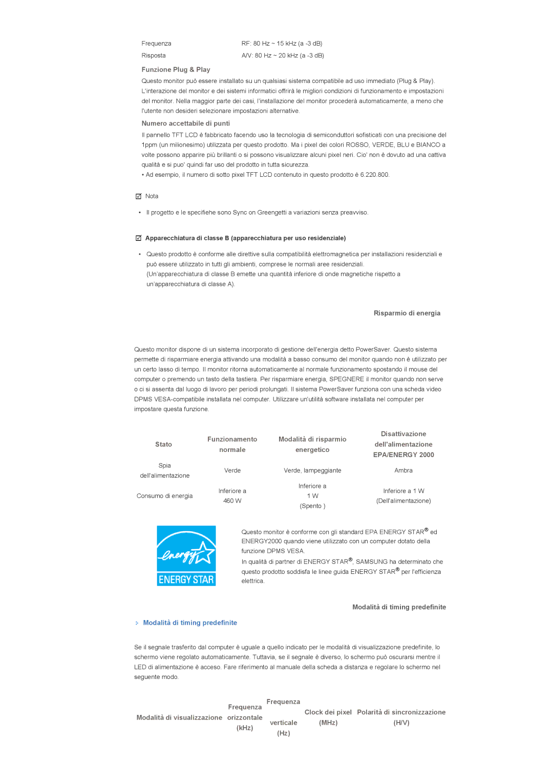 Samsung LS57BPHNB/EDC, LS57BPHNS/EDC, LS57BPPNS/EDC manual Risparmio di energia, Modalità di timing predefinite 