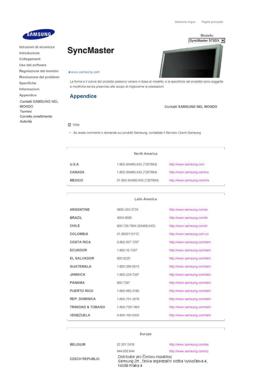 Samsung LS57BPHNB/EDC, LS57BPHNS/EDC, LS57BPPNS/EDC manual Appendice, Contatti Samsung NEL Mondo 