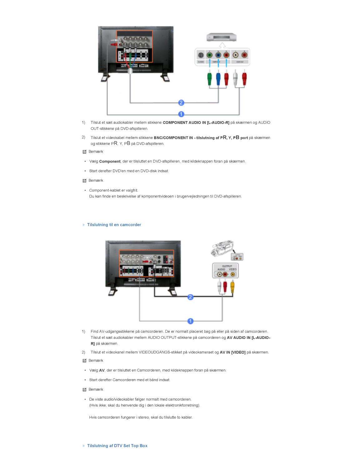 Samsung LS57BPHNB/EDC, LS57BPHNS/EDC, LS57BPPNS/EDC manual Tilslutning til en camcorder, Tilslutning af DTV Set Top Box 