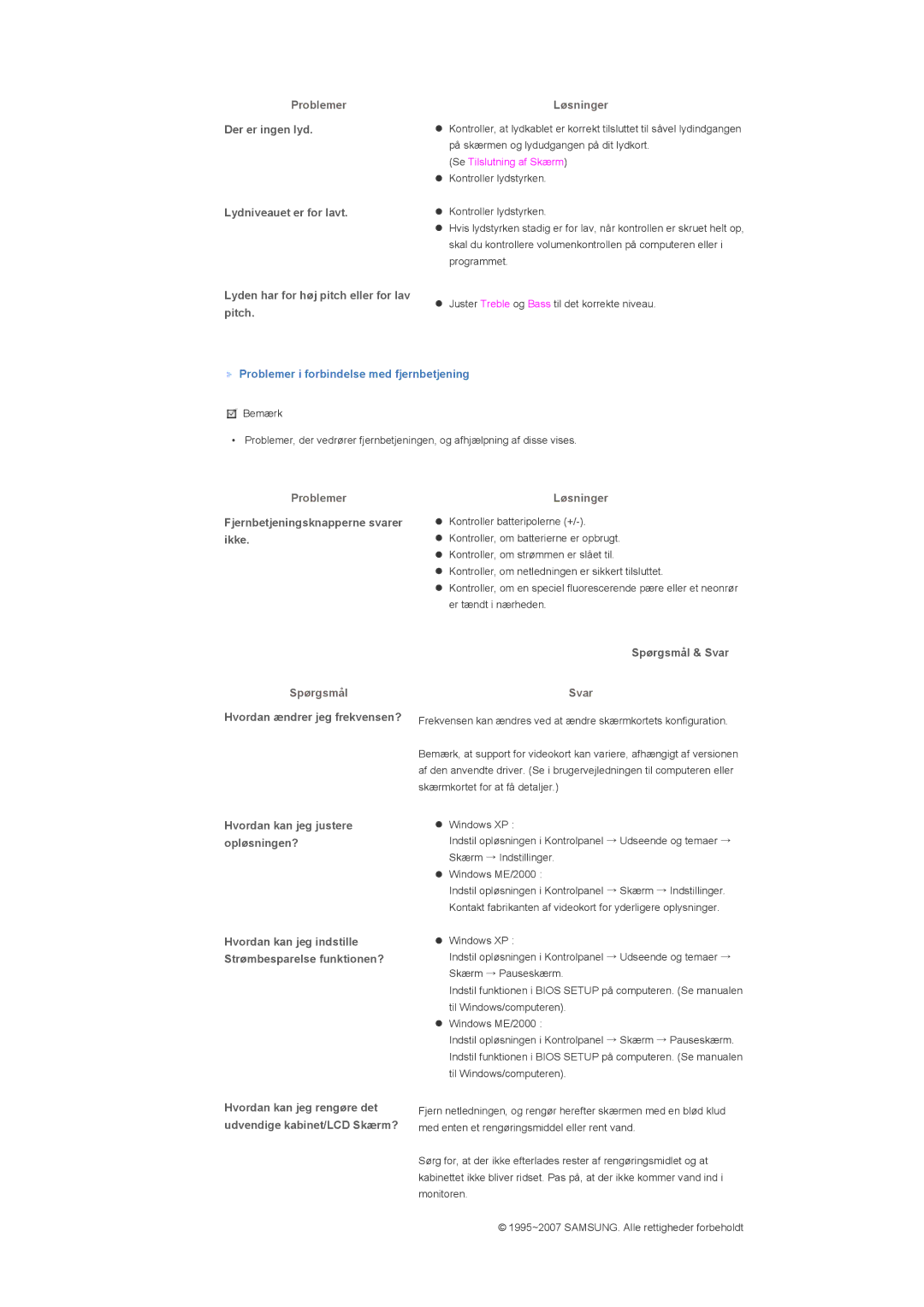 Samsung LS57BPPNS/EDC Problemer i forbindelse med fjernbetjening, Fjernbetjeningsknapperne svarer ikke, Spørgsmål, Svar 