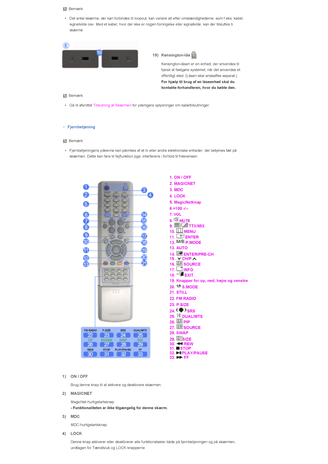 Samsung LS57BPHNB/EDC, LS57BPHNS/EDC, LS57BPPNS/EDC manual Kensington-lås, On / OFF, Magicnet, Mdc, Lock 