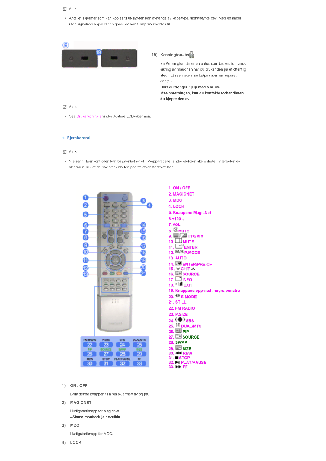 Samsung LS57BPHNB/EDC, LS57BPHNS/EDC, LS57BPPNS/EDC manual Kensington-lås, On / OFF, Magicnet, Mdc, Lock 