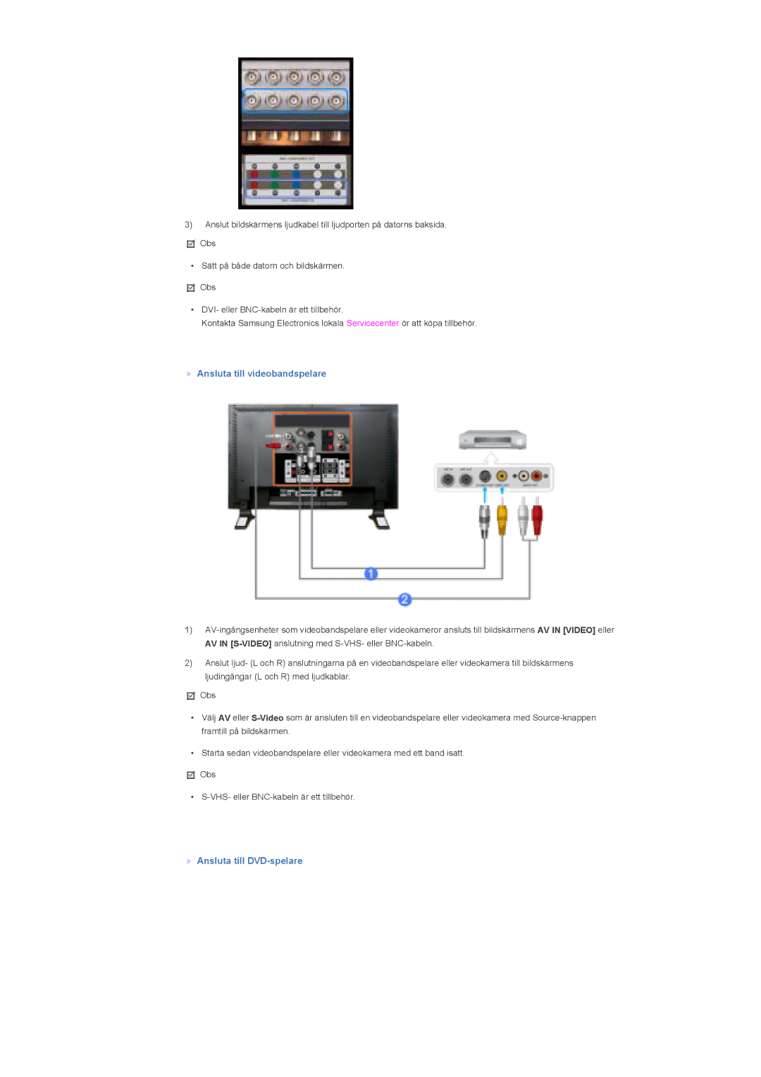 Samsung LS57BPPNS/EDC, LS57BPHNB/EDC, LS57BPHNS/EDC manual Ansluta till videobandspelare, Ansluta till DVD-spelare 