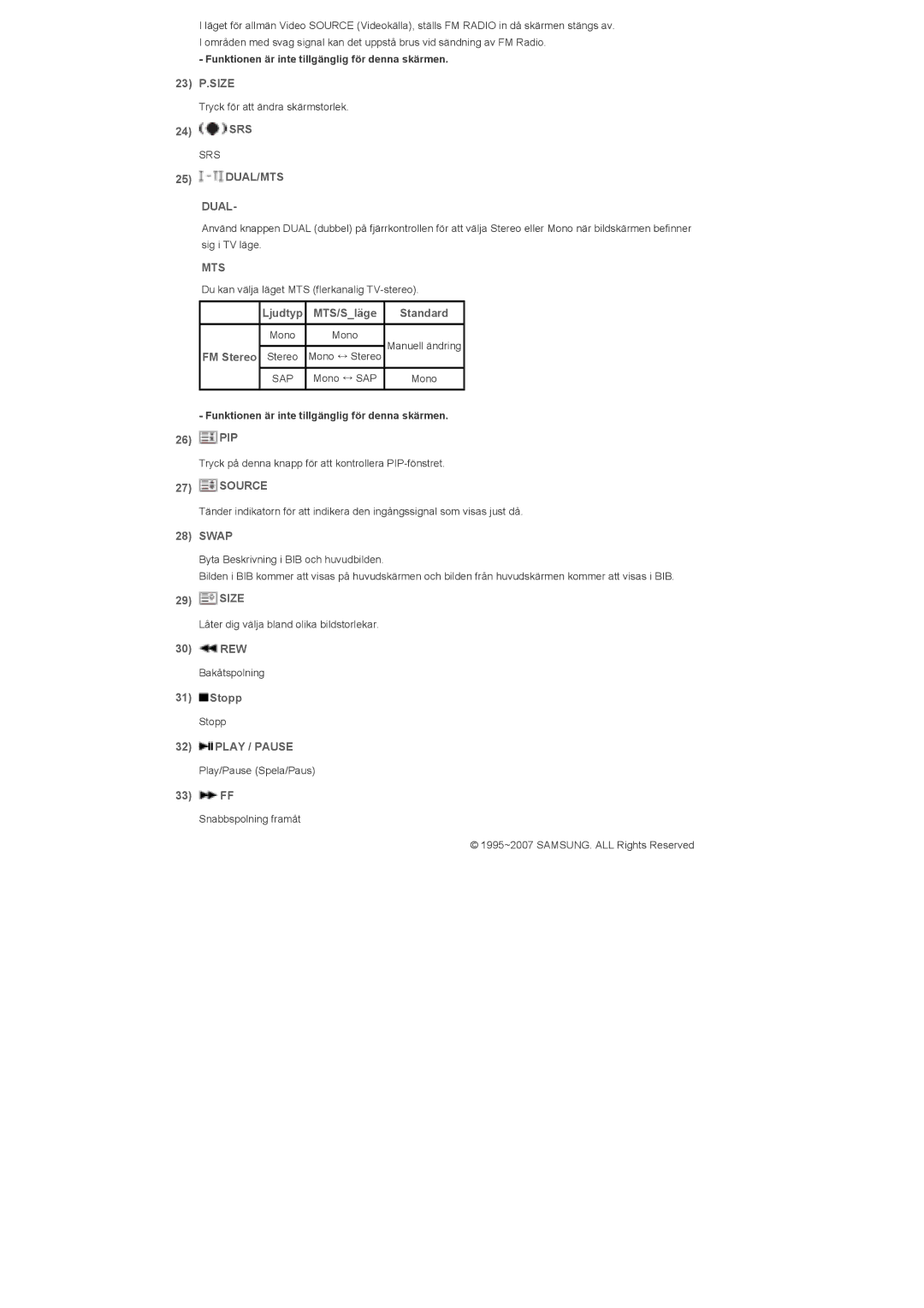 Samsung LS57BPPNS/EDC, LS57BPHNB/EDC, LS57BPHNS/EDC manual DUAL/MTS Dual, Mts, Play / Pause 