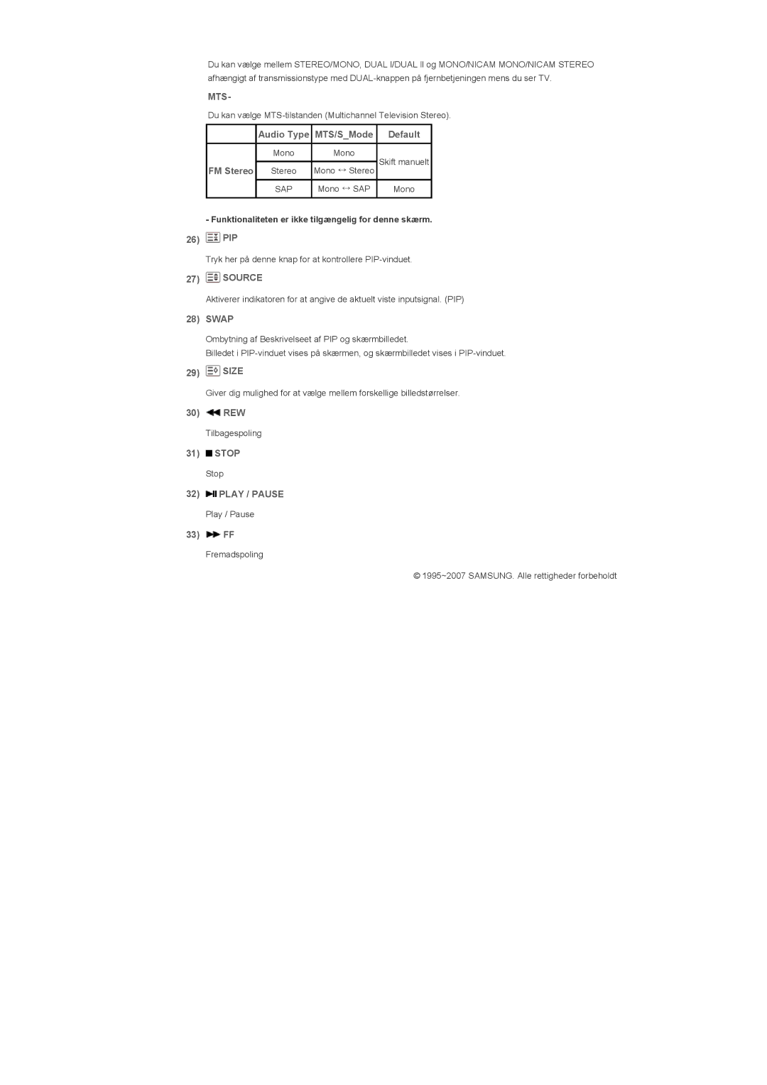 Samsung LS57BPHNB/EDC, LS57BPHNS/EDC, LS57BPPNS/EDC manual Mts, Audio Type MTS/SMode, FM Stereo, Swap, Size 