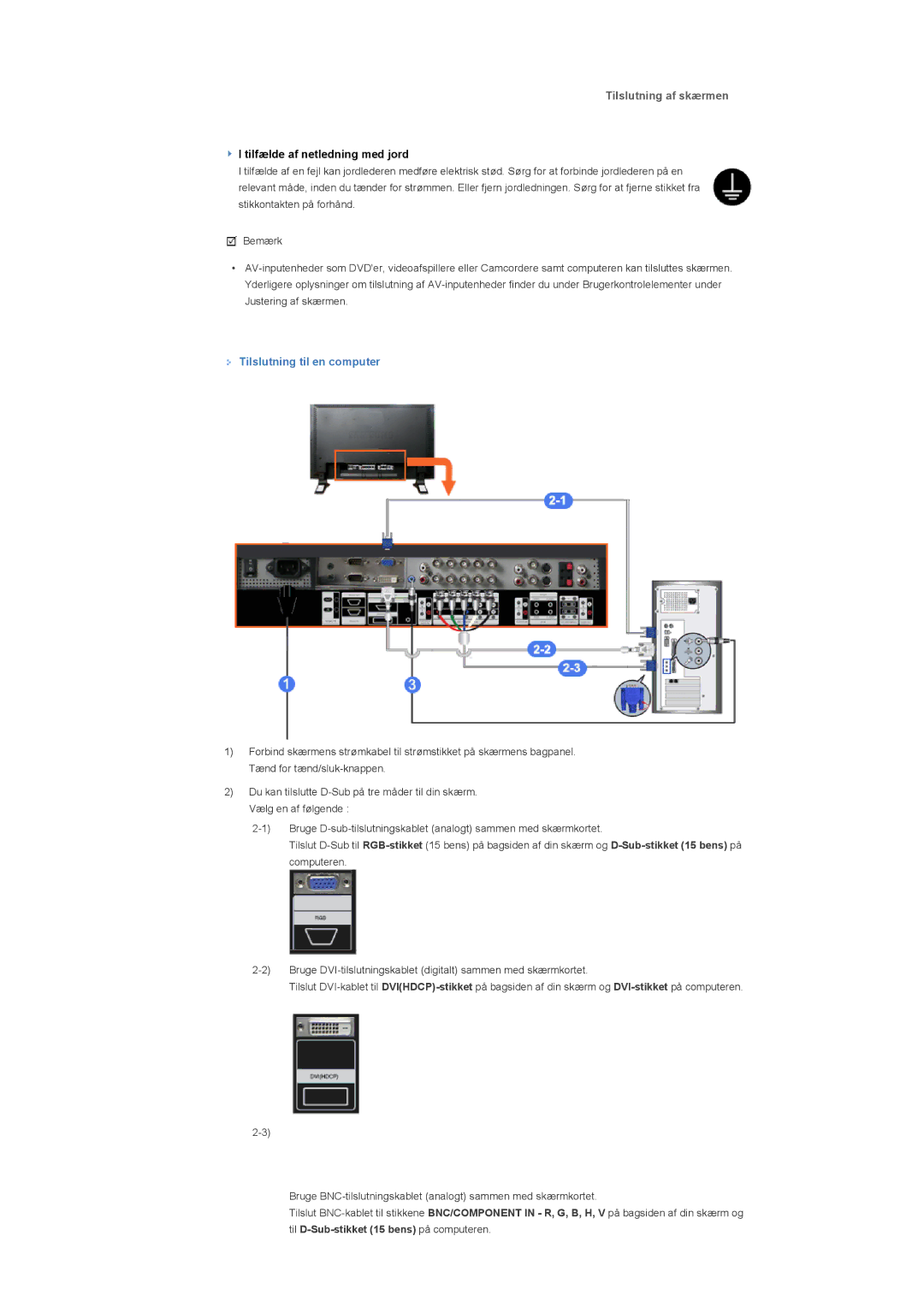 Samsung LS57BPHNS/EDC, LS57BPHNB/EDC, LS57BPPNS/EDC manual Tilslutning af skærmen, Tilslutning til en computer 