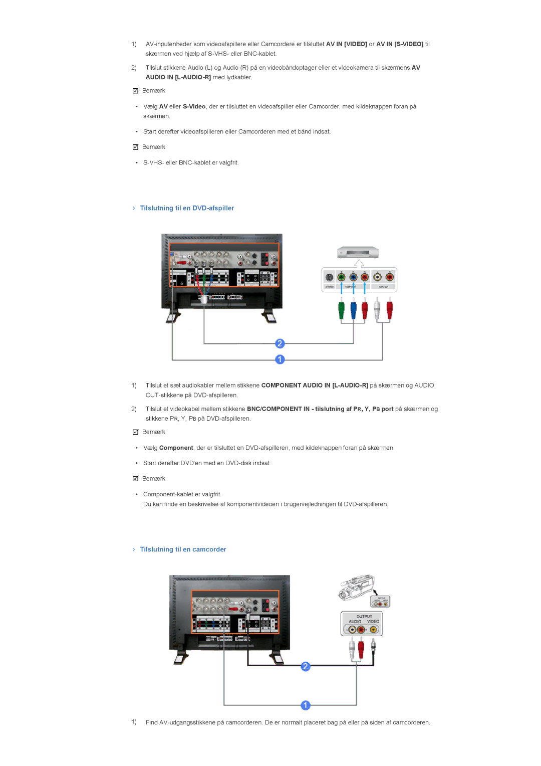 Samsung LS57BPHNB/EDC, LS57BPHNS/EDC, LS57BPPNS/EDC manual Tilslutning til en DVD-afspiller, Tilslutning til en camcorder 