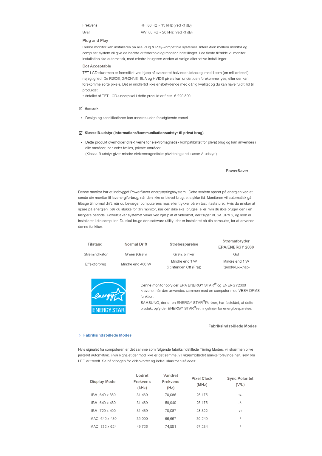 Samsung LS57BPPNS/EDC, LS57BPHNB/EDC, LS57BPHNS/EDC manual Plug and Play, Dot Acceptable, Tilstand, Lodret, Display Mode, MHz 