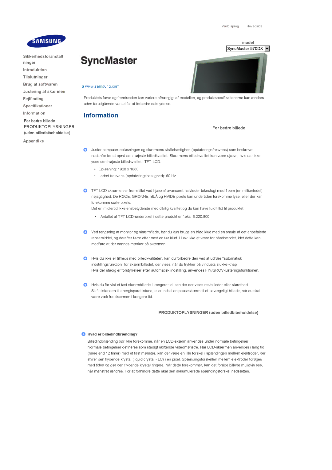 Samsung LS57BPHNS/EDC, LS57BPHNB/EDC manual Information, For bedre billede, Produktoplysninger uden billedbibeholdelse 